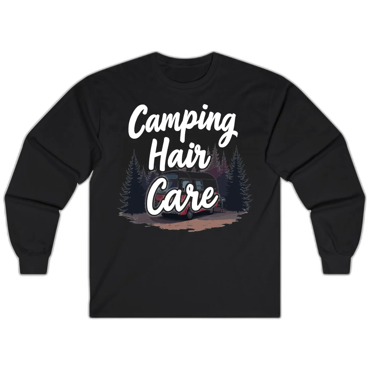 Retro red and gray vintage travel trailer surrounded by tall evergreen trees with white script text reading 'Camping Hair Care' in Black