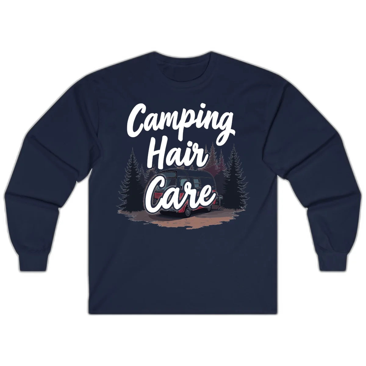 Retro red and gray vintage travel trailer surrounded by tall evergreen trees with white script text reading 'Camping Hair Care' in Navy