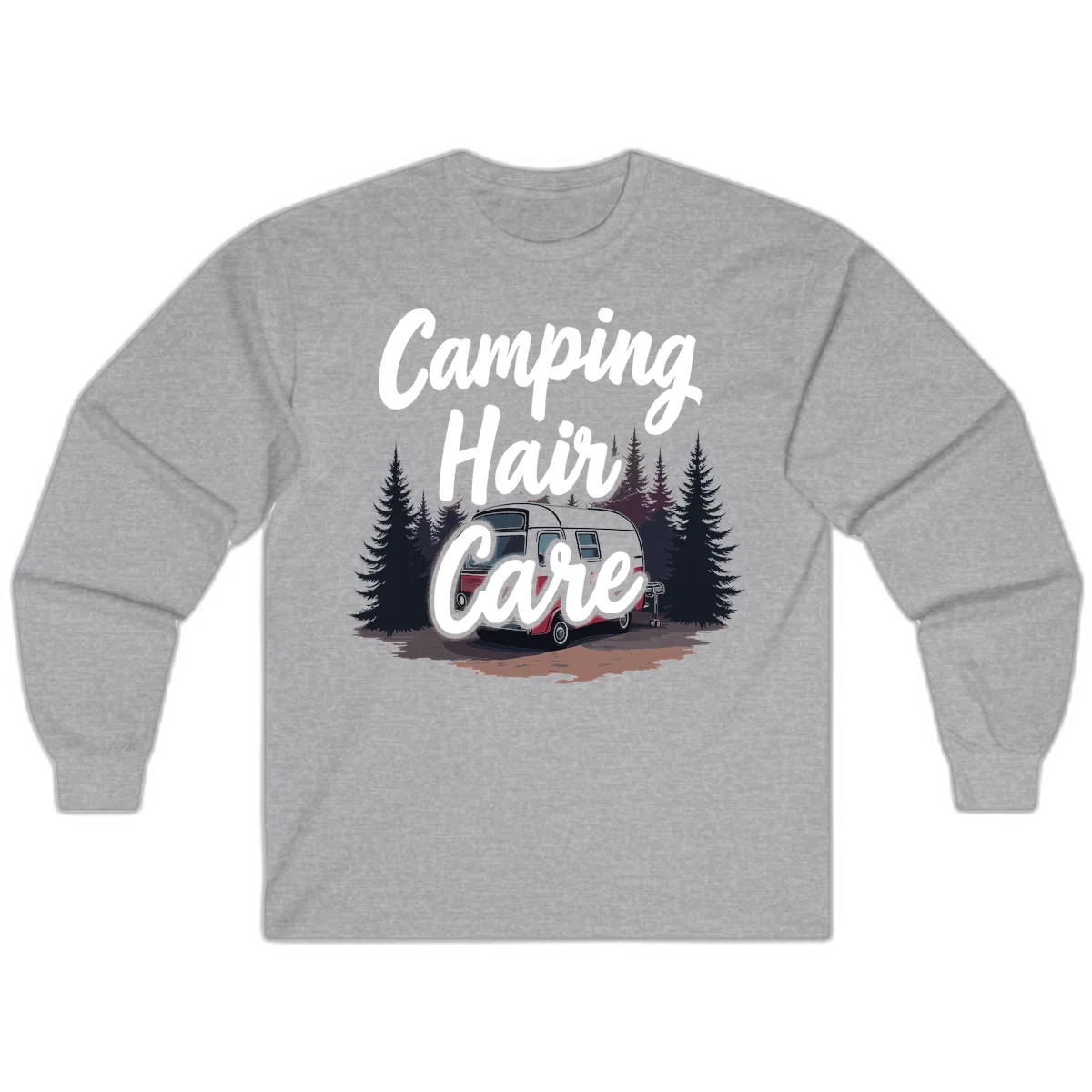 Retro red and gray vintage travel trailer surrounded by tall evergreen trees with white script text reading 'Camping Hair Care' in Sport Grey