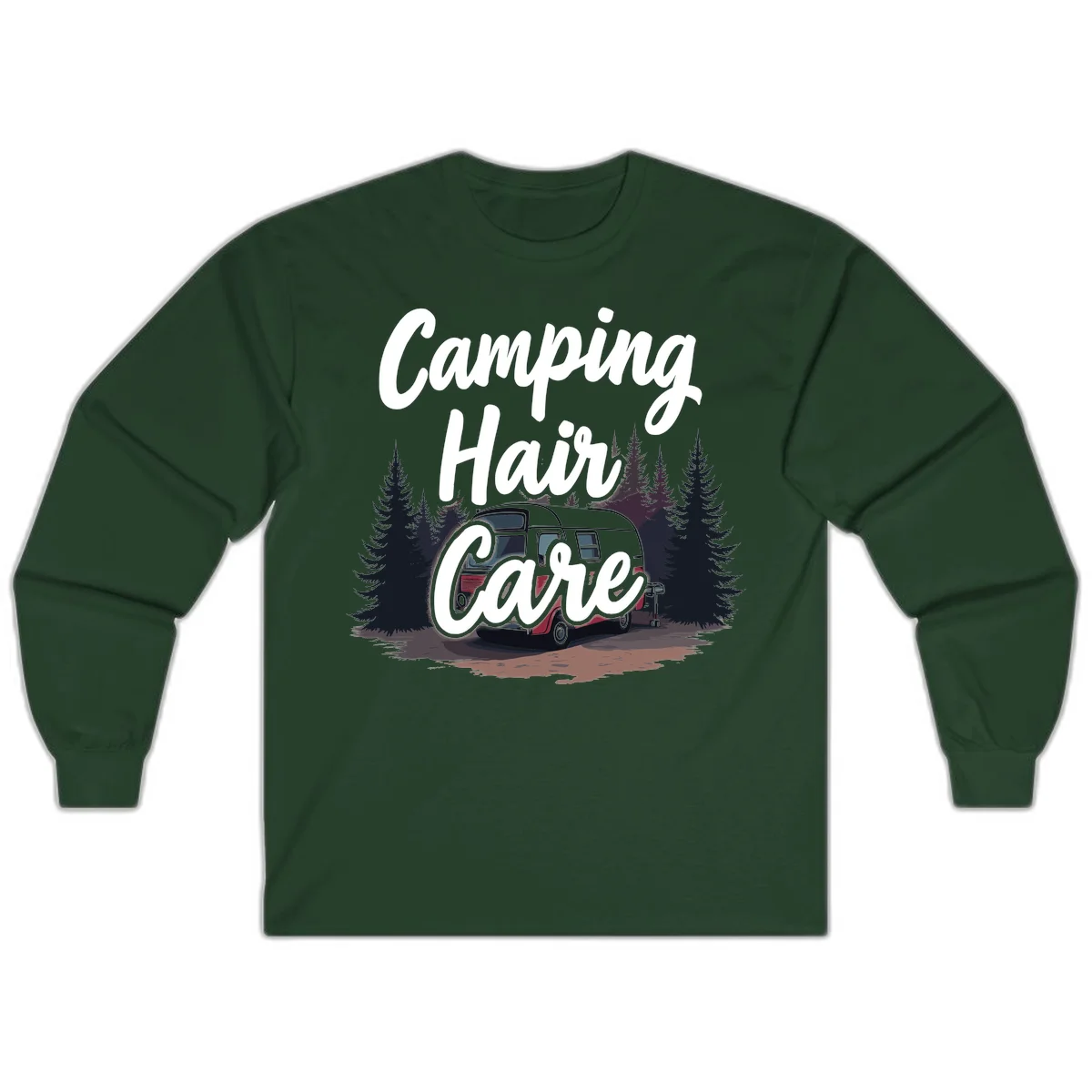 Retro red and gray vintage travel trailer surrounded by tall evergreen trees with white script text reading 'Camping Hair Care' in Forest Green