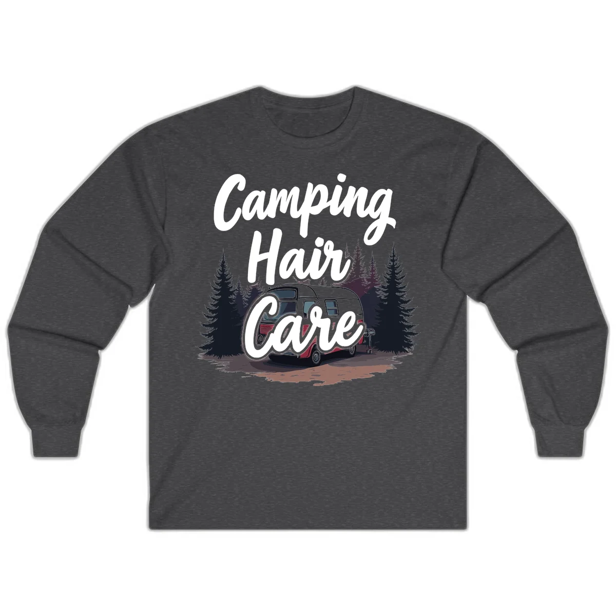 Retro red and gray vintage travel trailer surrounded by tall evergreen trees with white script text reading 'Camping Hair Care' in Dark Heather