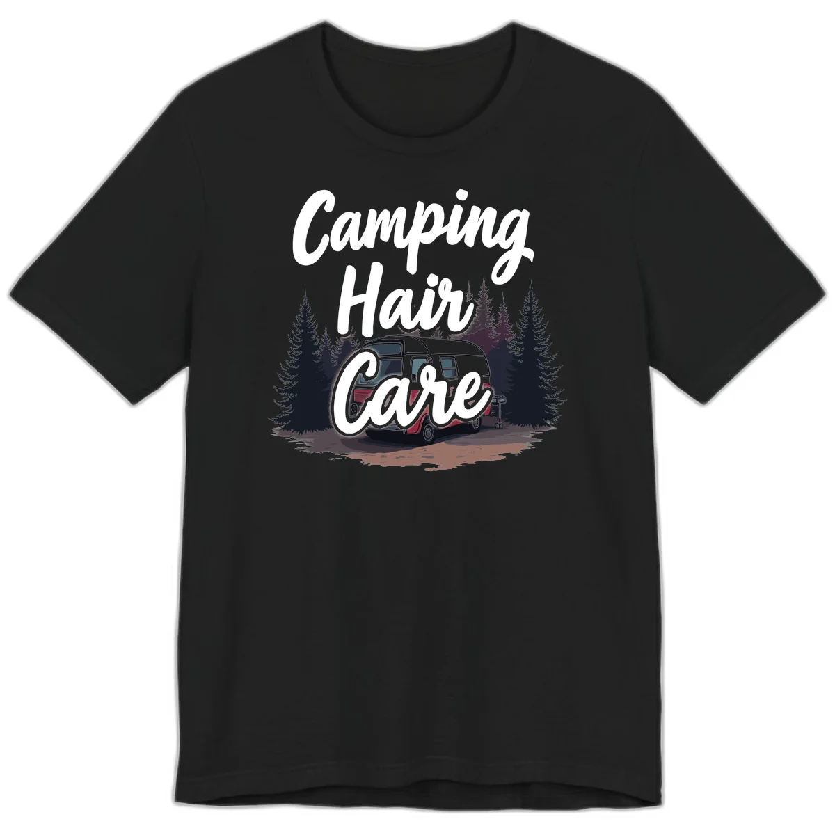 Retro red and gray vintage travel trailer surrounded by tall evergreen trees with white script text reading 'Camping Hair Care' in Black