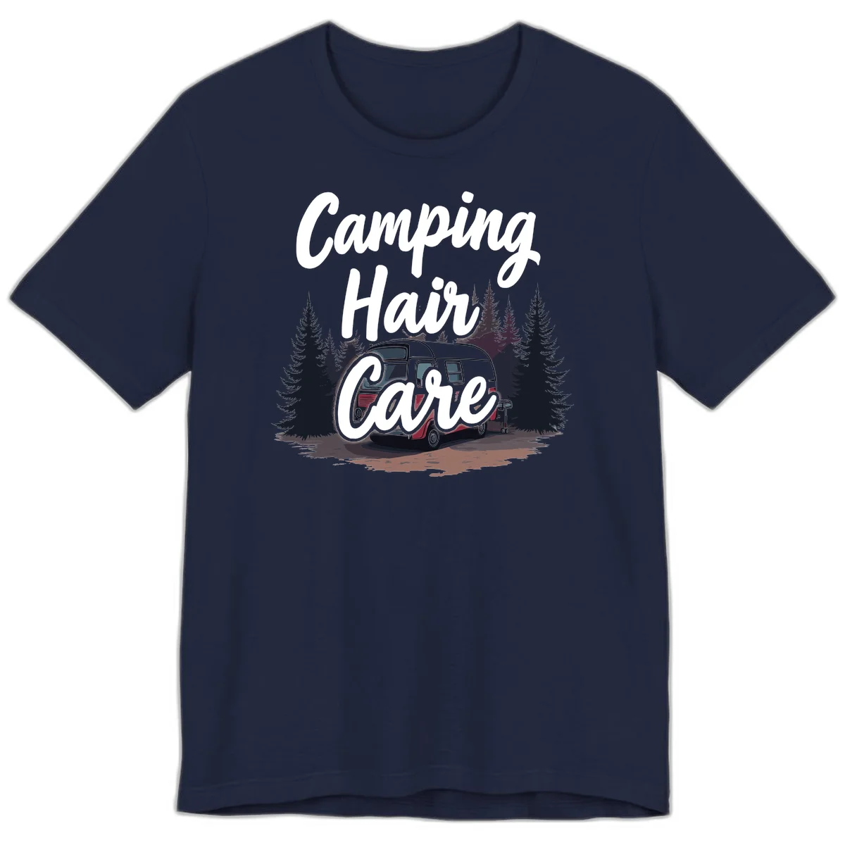 Retro red and gray vintage travel trailer surrounded by tall evergreen trees with white script text reading 'Camping Hair Care' in Navy