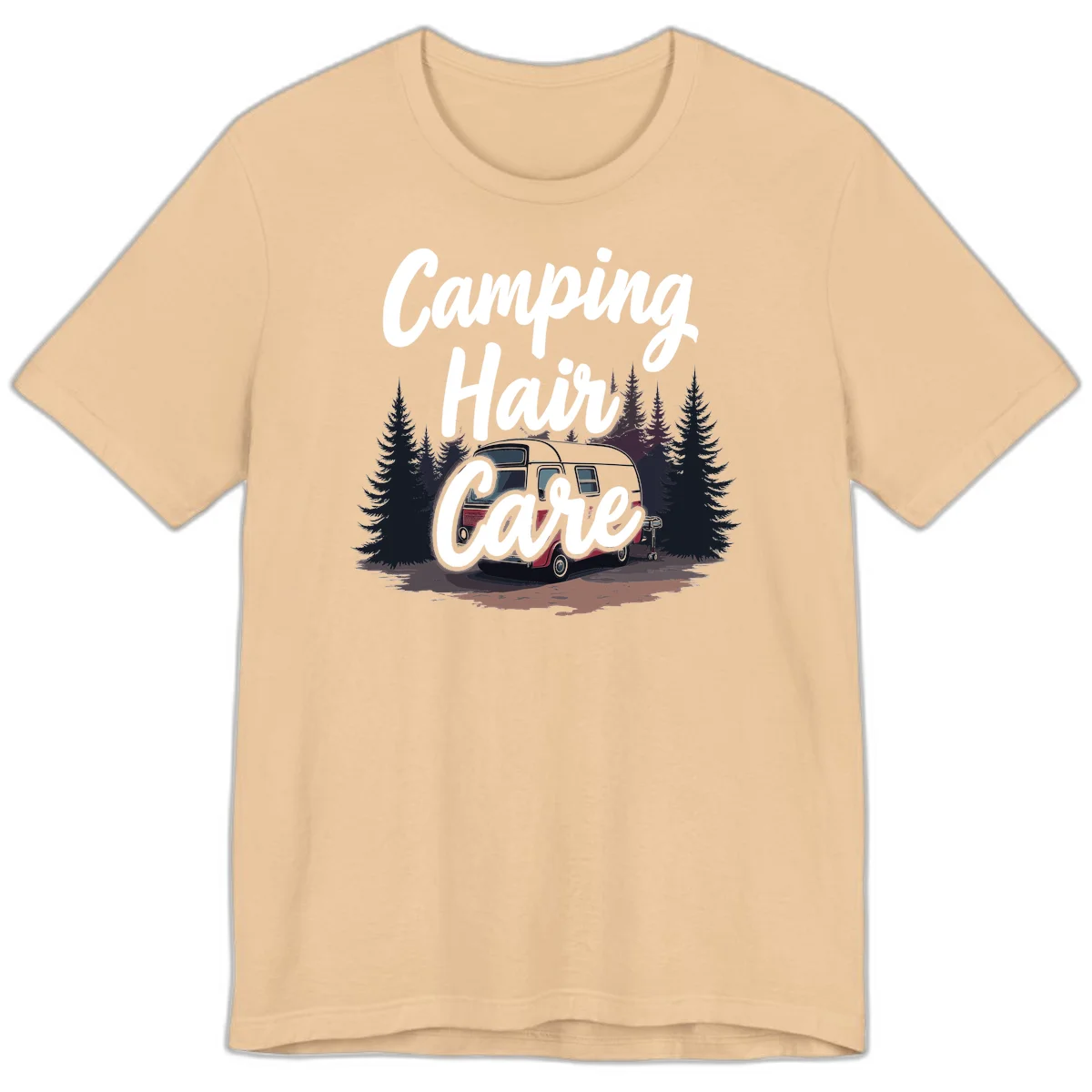 Retro red and gray vintage travel trailer surrounded by tall evergreen trees with white script text reading 'Camping Hair Care' in Sand Dune
