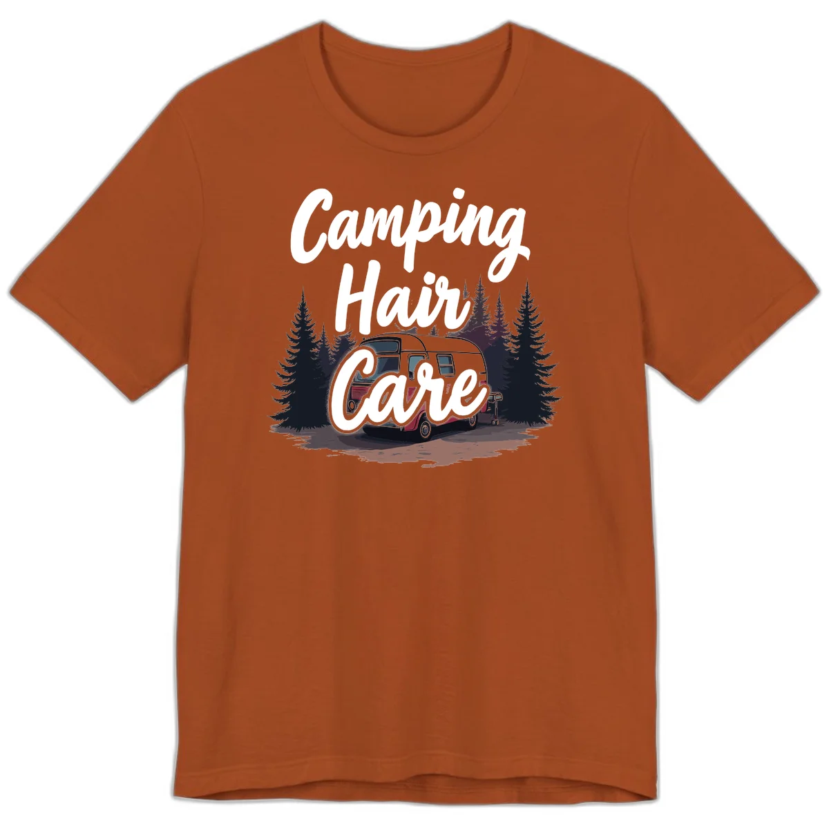 Retro red and gray vintage travel trailer surrounded by tall evergreen trees with white script text reading 'Camping Hair Care' in Autumn