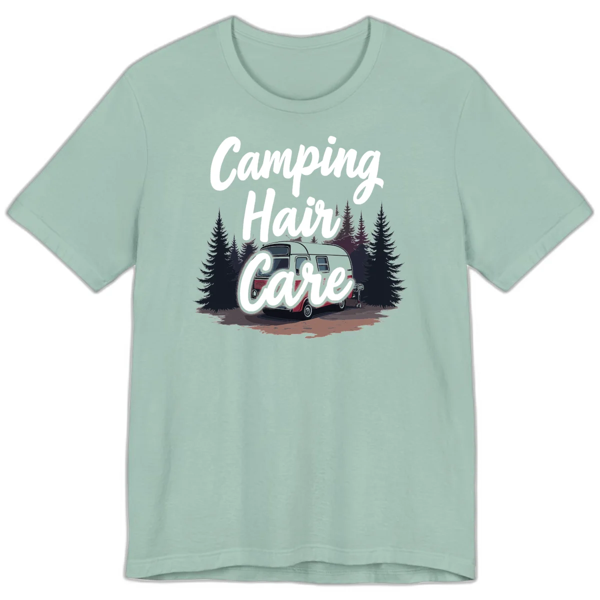 Retro red and gray vintage travel trailer surrounded by tall evergreen trees with white script text reading 'Camping Hair Care' in Dusty Blue