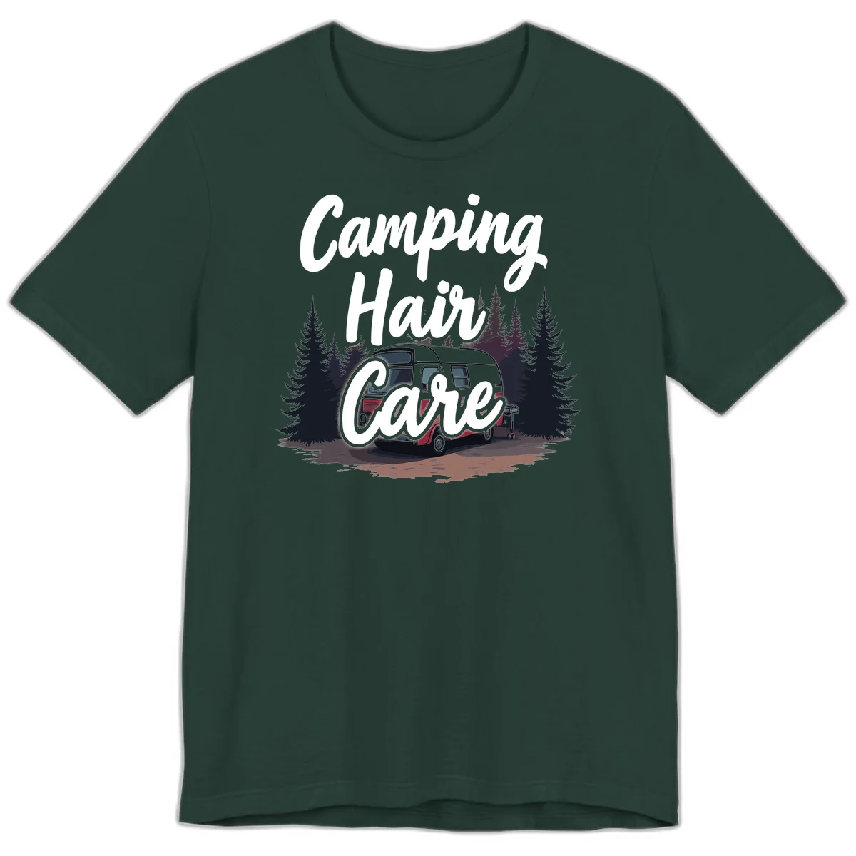 Retro red and gray vintage travel trailer surrounded by tall evergreen trees with white script text reading 'Camping Hair Care' in Forest
