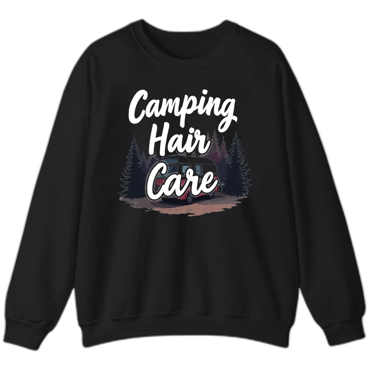 Retro red and gray vintage travel trailer surrounded by tall evergreen trees with white script text reading 'Camping Hair Care' in Black