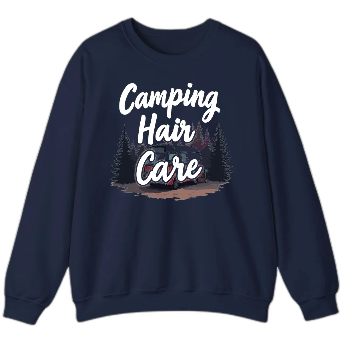 Retro red and gray vintage travel trailer surrounded by tall evergreen trees with white script text reading 'Camping Hair Care' in Navy