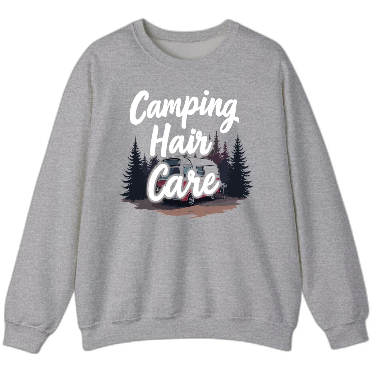 Retro red and gray vintage travel trailer surrounded by tall evergreen trees with white script text reading 'Camping Hair Care' in Sport Grey