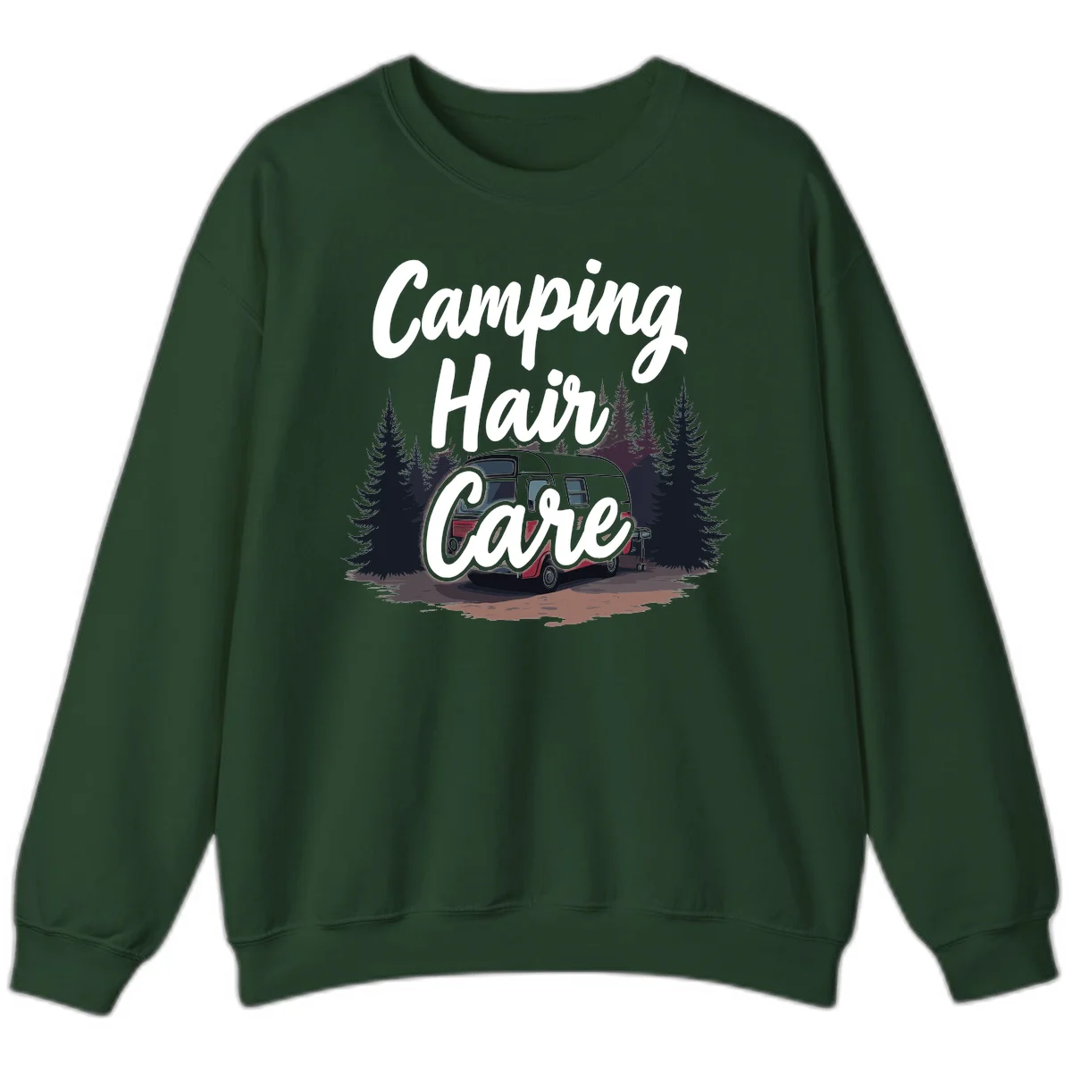 Retro red and gray vintage travel trailer surrounded by tall evergreen trees with white script text reading 'Camping Hair Care' in Forest Green