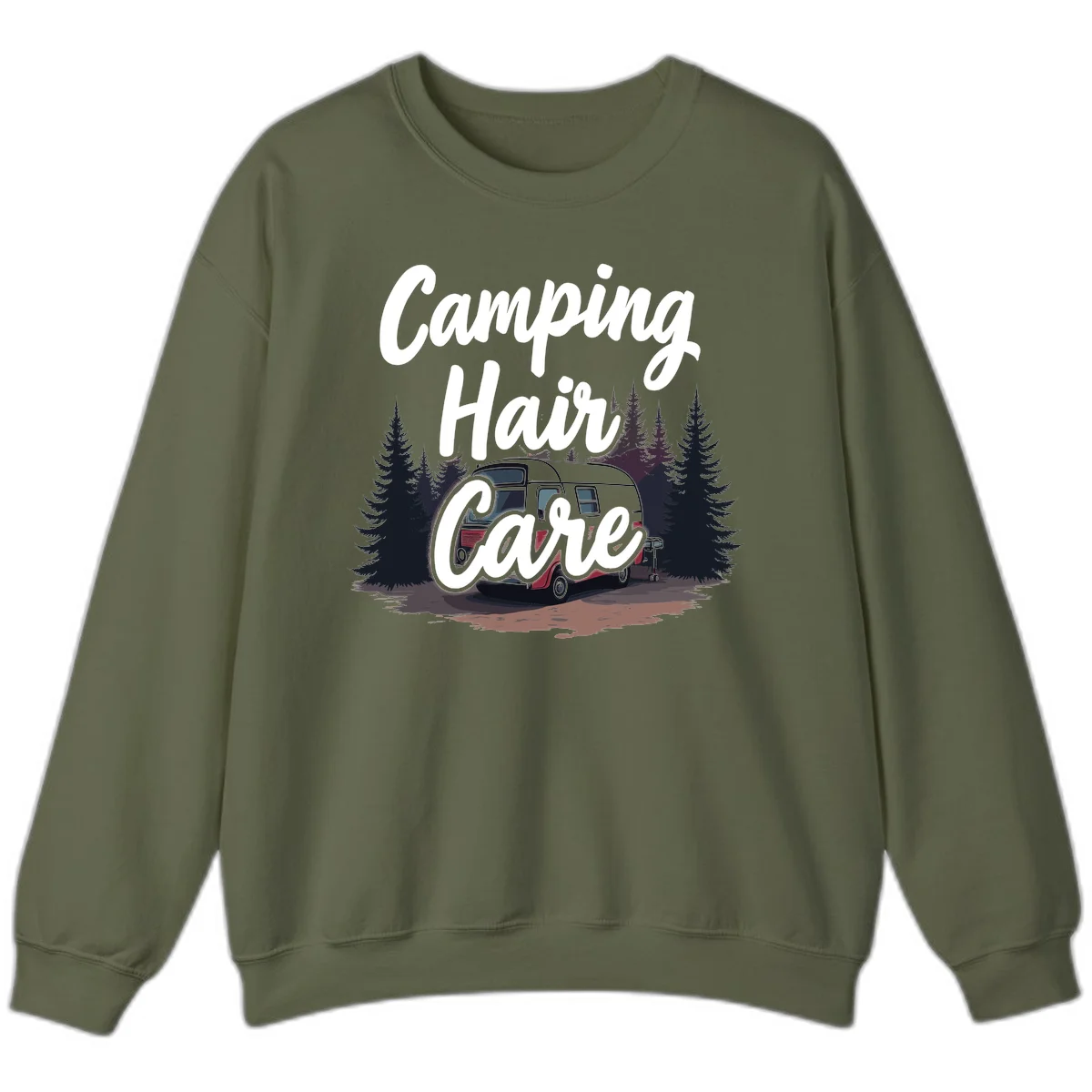Retro red and gray vintage travel trailer surrounded by tall evergreen trees with white script text reading 'Camping Hair Care' in Military Green