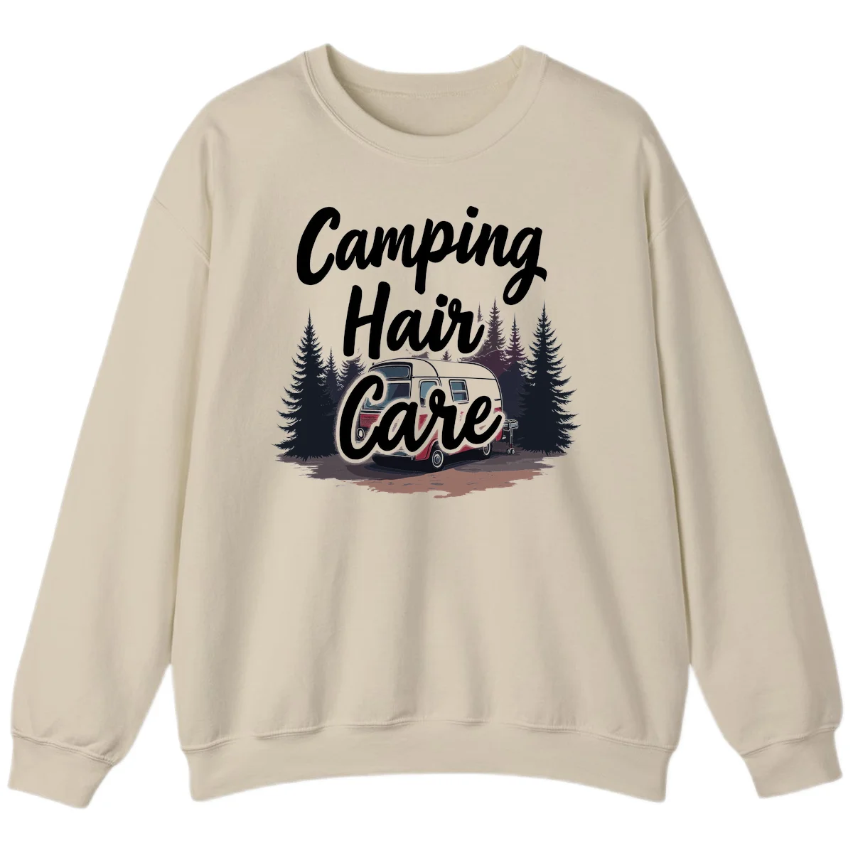 Retro red and gray vintage travel trailer surrounded by tall evergreen trees with white script text reading 'Camping Hair Care' in Sand