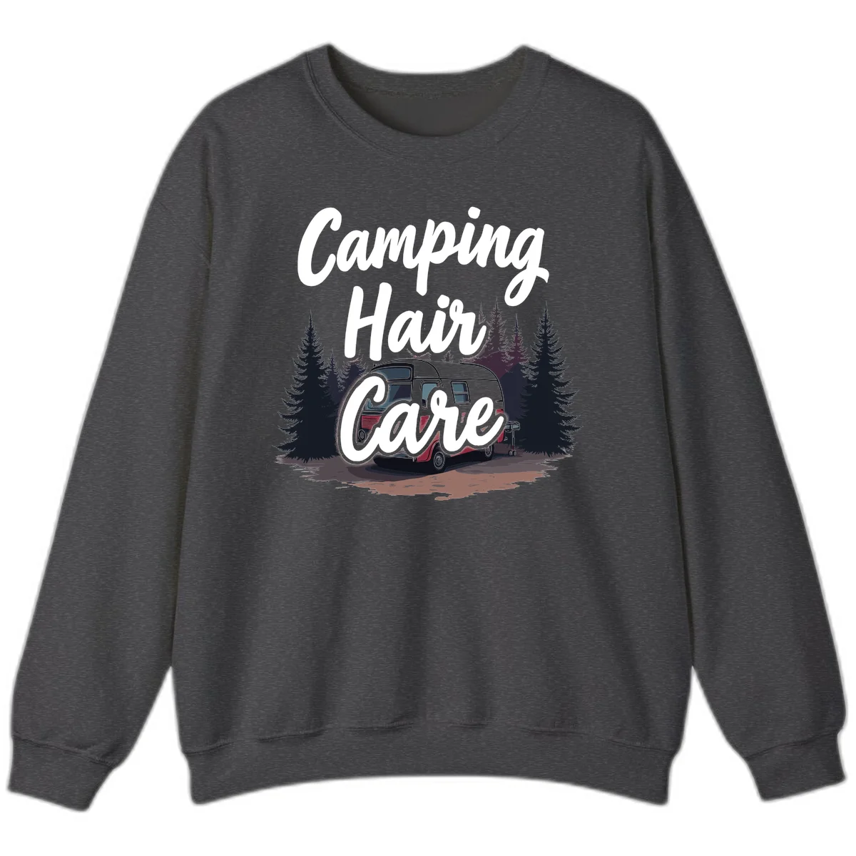Retro red and gray vintage travel trailer surrounded by tall evergreen trees with white script text reading 'Camping Hair Care' in Dark Heather