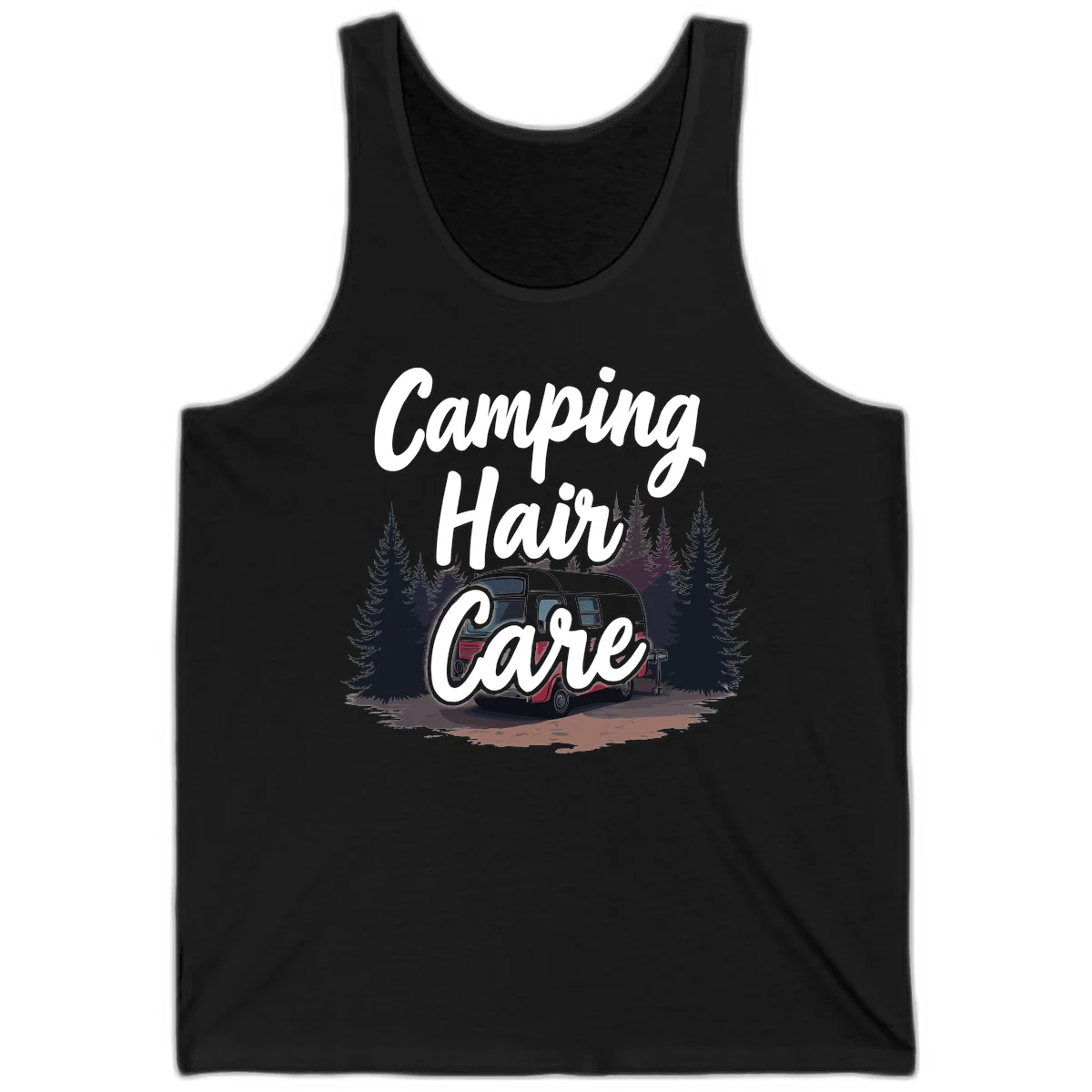 Retro red and gray vintage travel trailer surrounded by tall evergreen trees with white script text reading 'Camping Hair Care' in Black