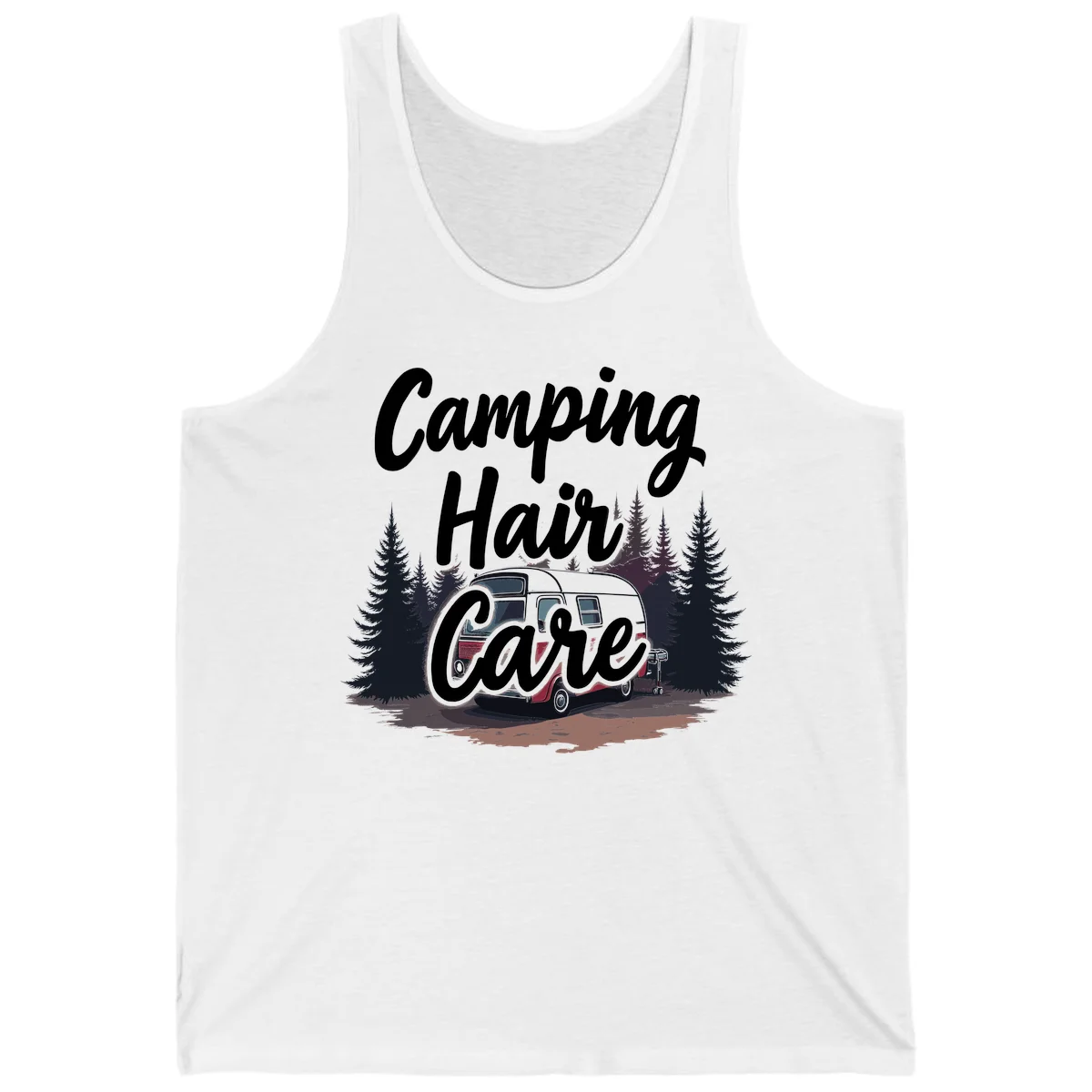Retro red and gray vintage travel trailer surrounded by tall evergreen trees with white script text reading 'Camping Hair Care' in White