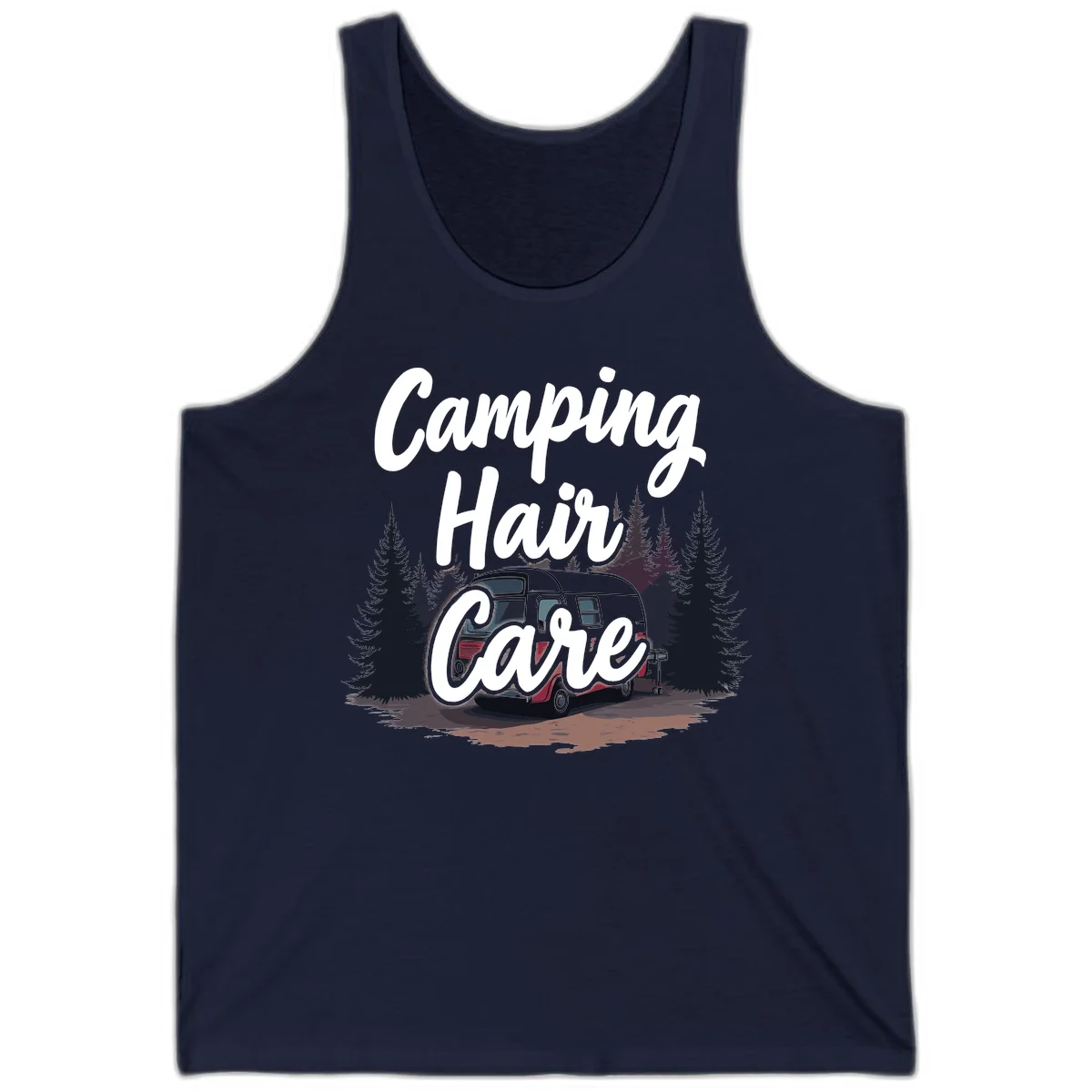 Retro red and gray vintage travel trailer surrounded by tall evergreen trees with white script text reading 'Camping Hair Care' in Navy