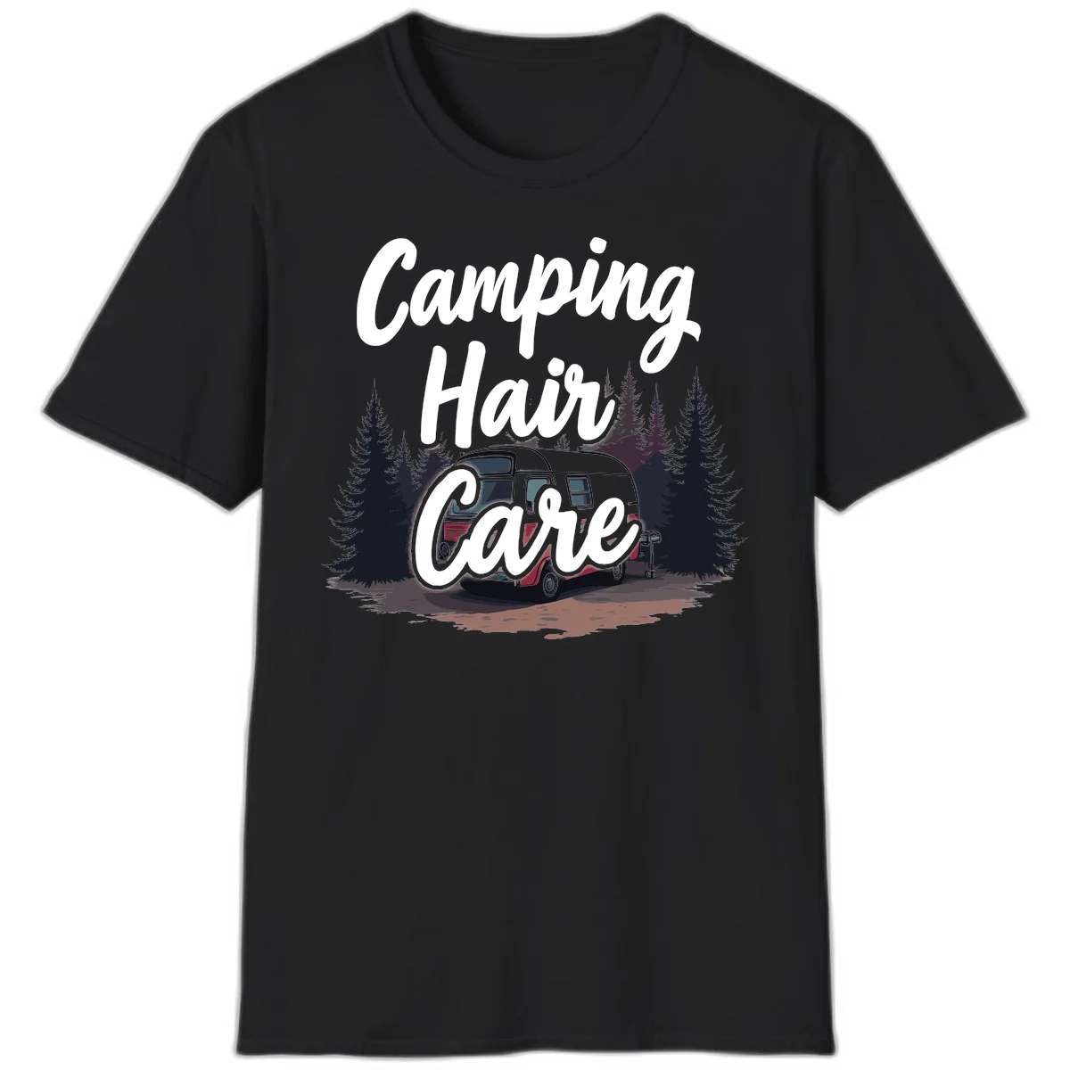 Retro red and gray vintage travel trailer surrounded by tall evergreen trees with white script text reading 'Camping Hair Care' in Black