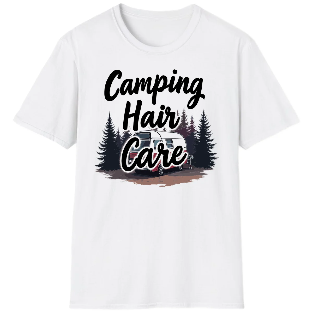 Retro red and gray vintage travel trailer surrounded by tall evergreen trees with white script text reading 'Camping Hair Care' in White
