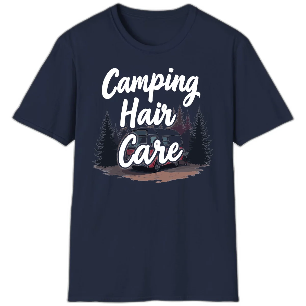 Retro red and gray vintage travel trailer surrounded by tall evergreen trees with white script text reading 'Camping Hair Care' in Navy