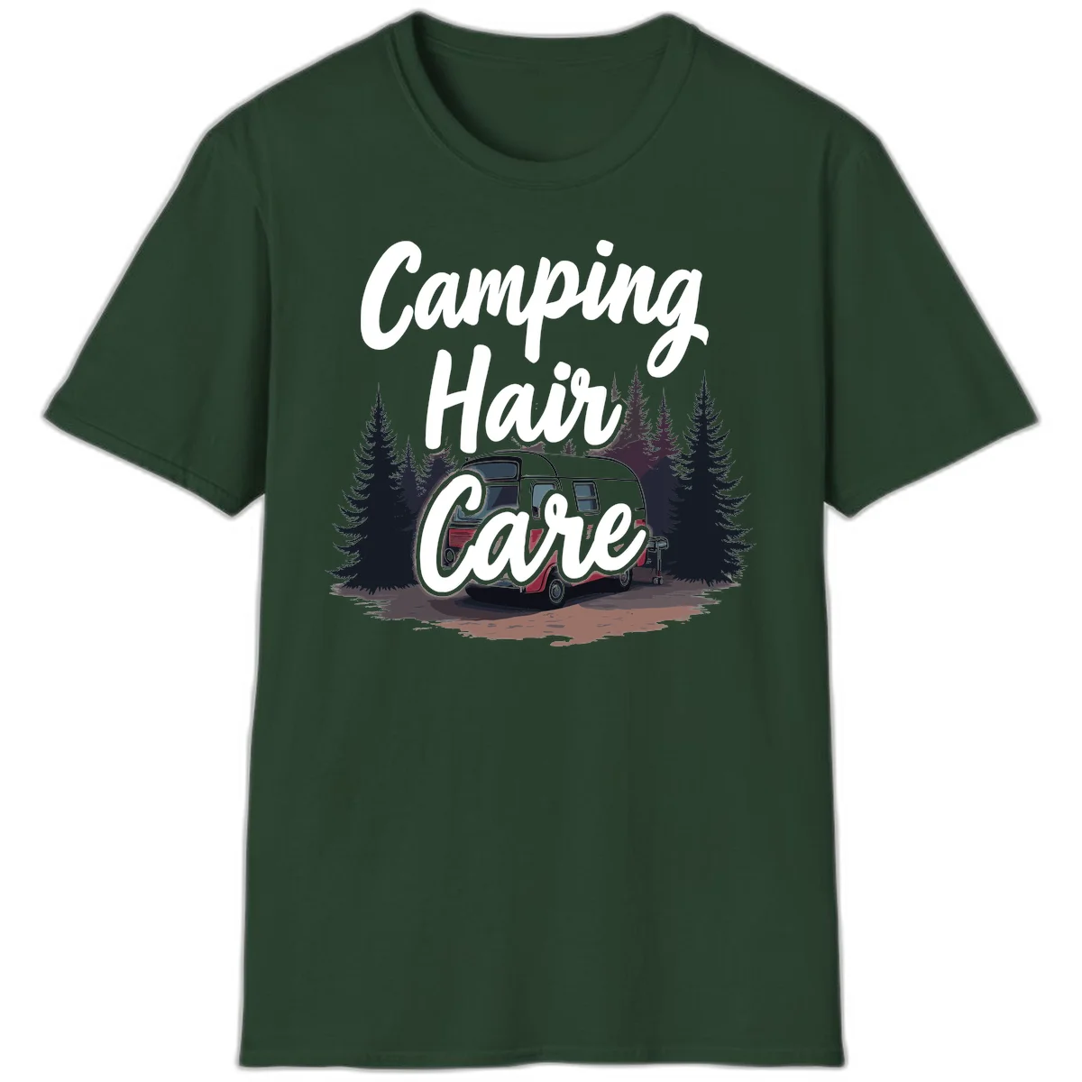 Retro red and gray vintage travel trailer surrounded by tall evergreen trees with white script text reading 'Camping Hair Care' in Forest Green