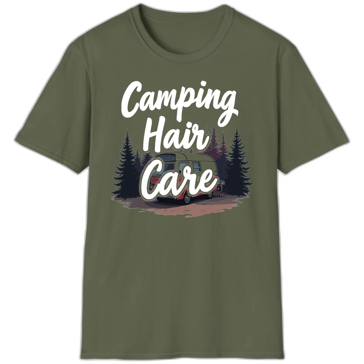 Retro red and gray vintage travel trailer surrounded by tall evergreen trees with white script text reading 'Camping Hair Care' in Military Green