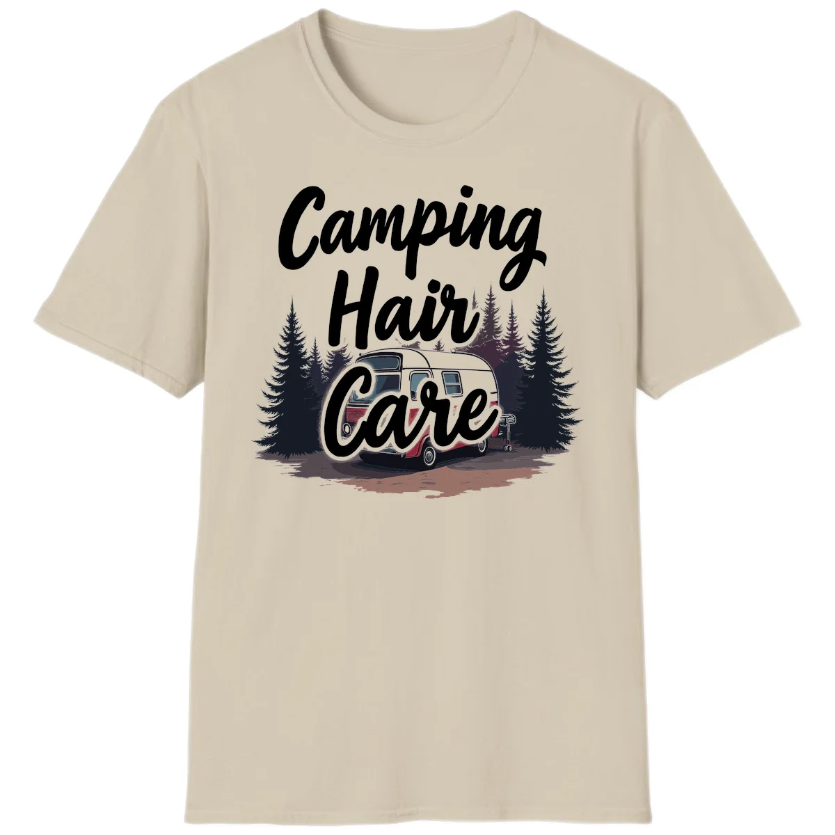 Retro red and gray vintage travel trailer surrounded by tall evergreen trees with white script text reading 'Camping Hair Care' in Sand