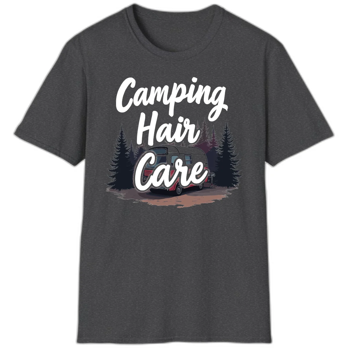 Retro red and gray vintage travel trailer surrounded by tall evergreen trees with white script text reading 'Camping Hair Care' in Dark Heather