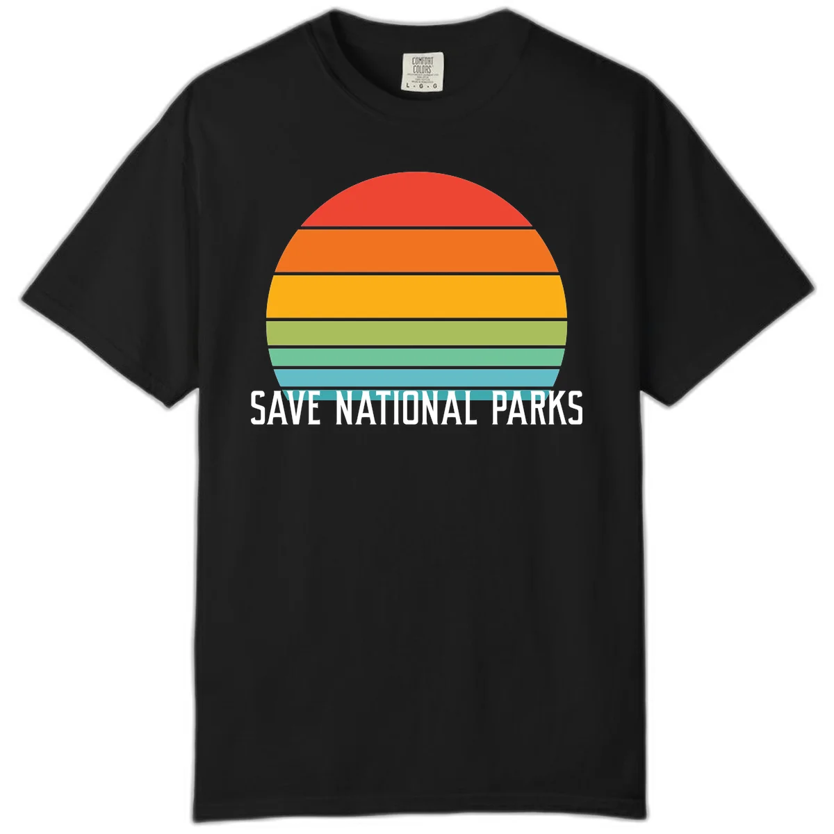 Retro layered sunset design with save national parks text in white, featuring horizontal color bands in red, orange, yellow, green, and blue. in Black