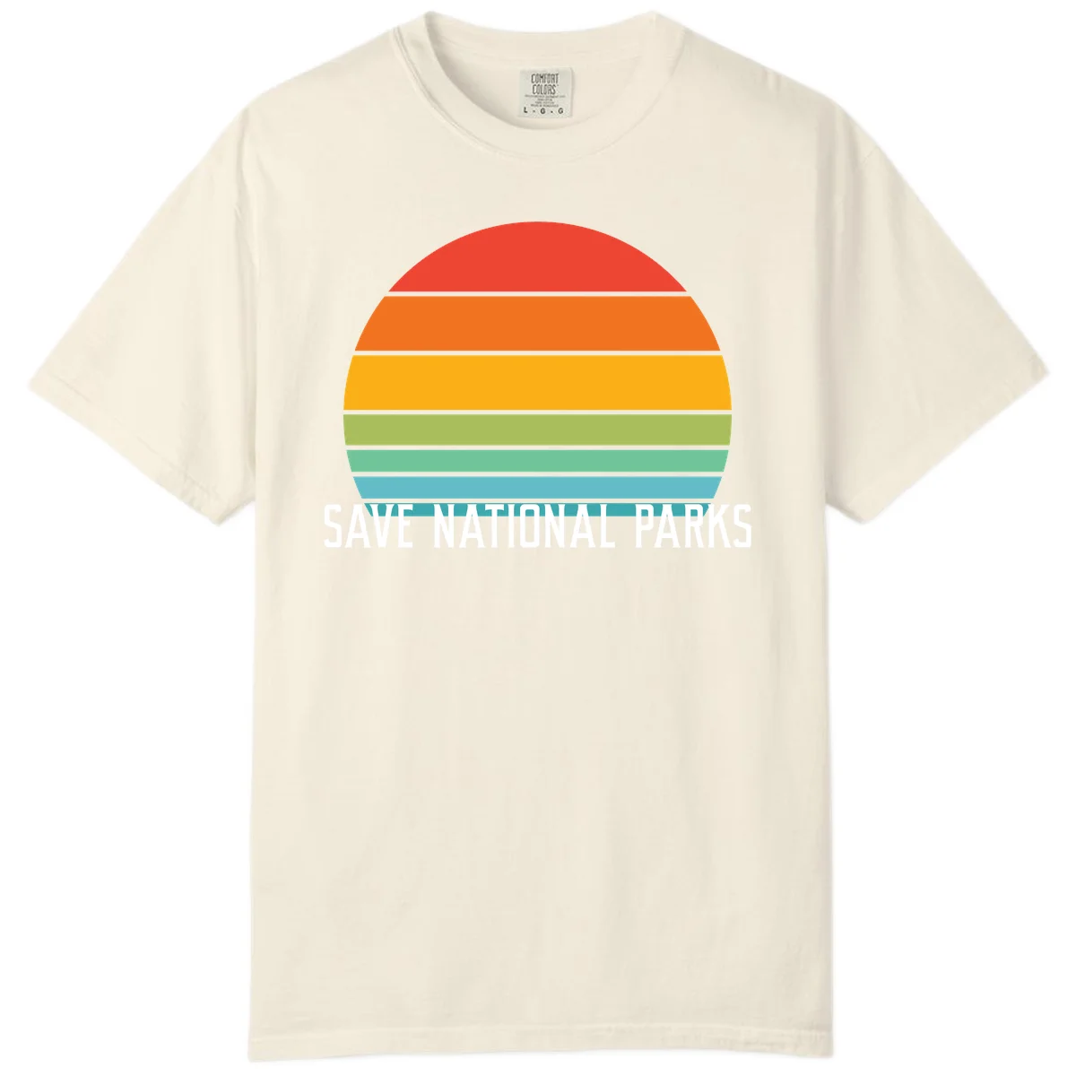 Retro layered sunset design with save national parks text in white, featuring horizontal color bands in red, orange, yellow, green, and blue. in Ivory