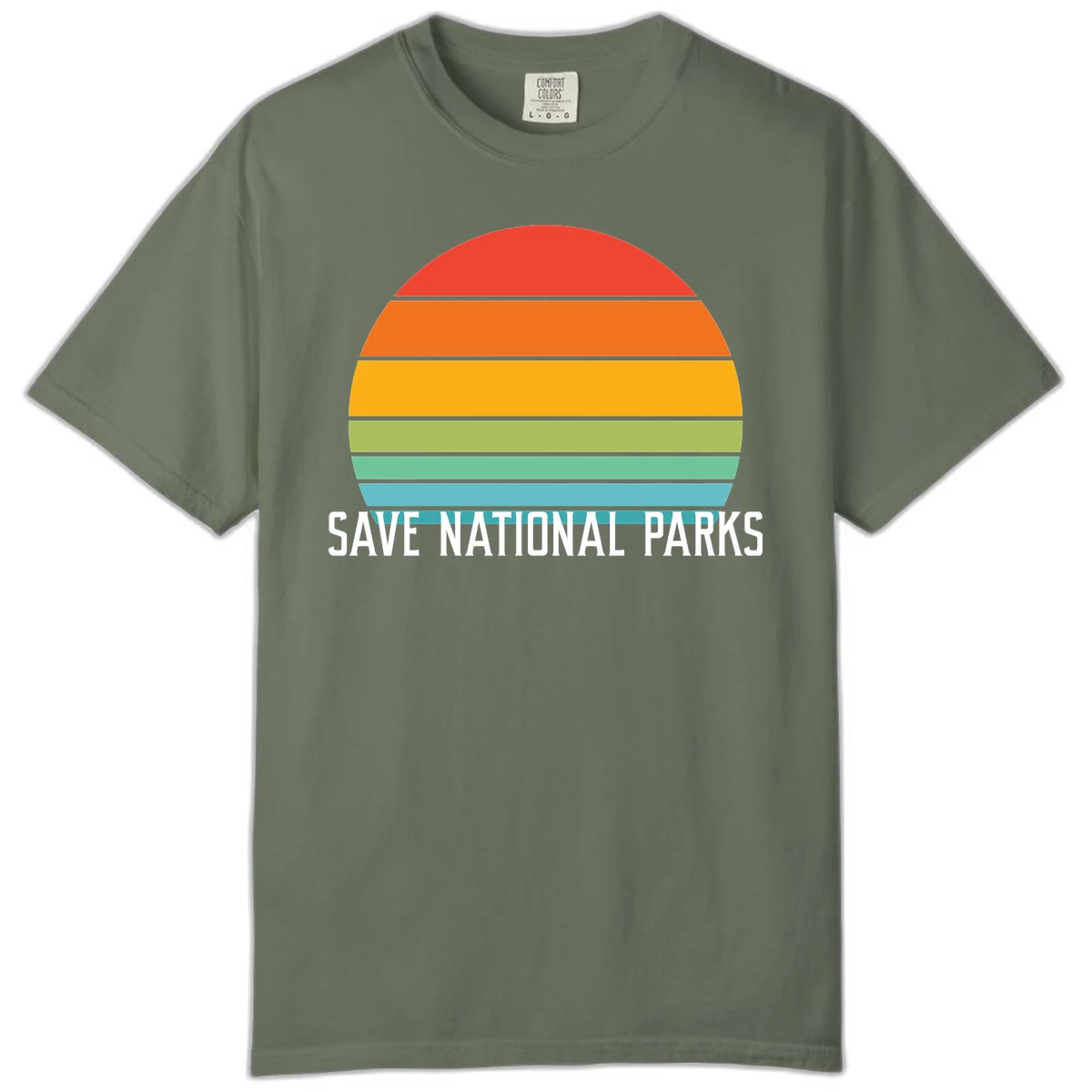 Retro layered sunset design with save national parks text in white, featuring horizontal color bands in red, orange, yellow, green, and blue. in Moss