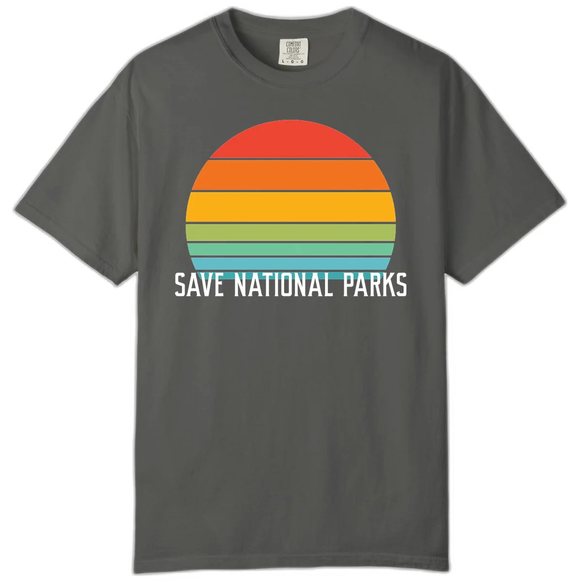 Retro layered sunset design with save national parks text in white, featuring horizontal color bands in red, orange, yellow, green, and blue. in Pepper
