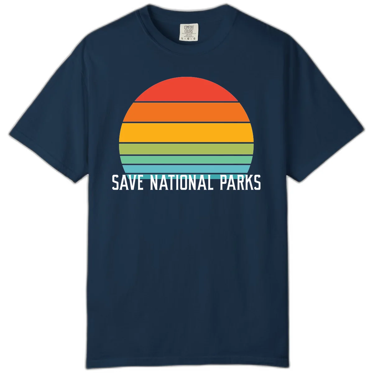 Retro layered sunset design with save national parks text in white, featuring horizontal color bands in red, orange, yellow, green, and blue. in True Navy