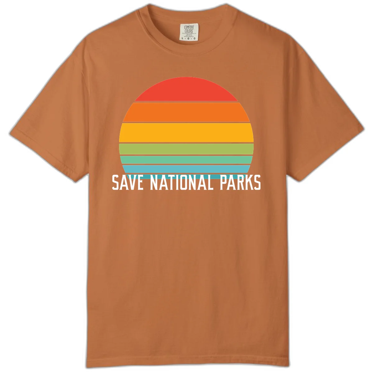 Retro layered sunset design with save national parks text in white, featuring horizontal color bands in red, orange, yellow, green, and blue. in Yam