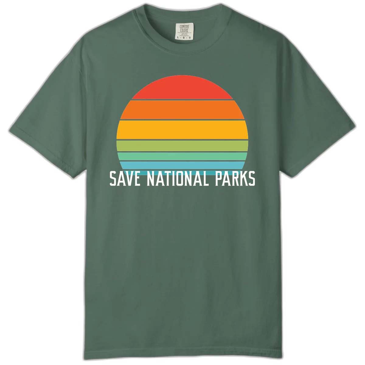 Retro layered sunset design with save national parks text in white, featuring horizontal color bands in red, orange, yellow, green, and blue. in Blue Spruce