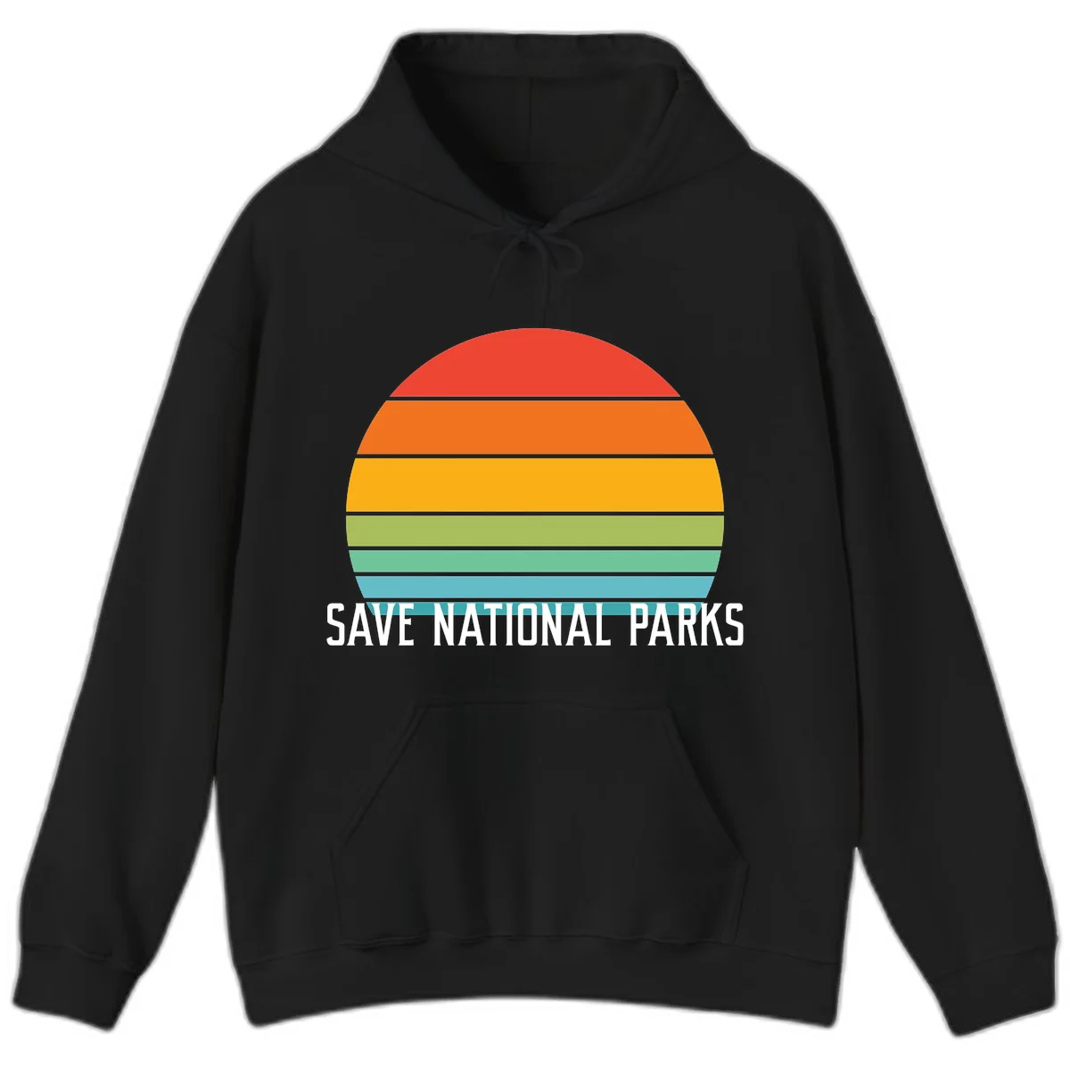 Retro layered sunset design with save national parks text in white, featuring horizontal color bands in red, orange, yellow, green, and blue. in Black