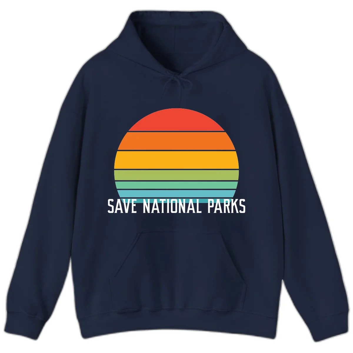 Retro layered sunset design with save national parks text in white, featuring horizontal color bands in red, orange, yellow, green, and blue. in Navy