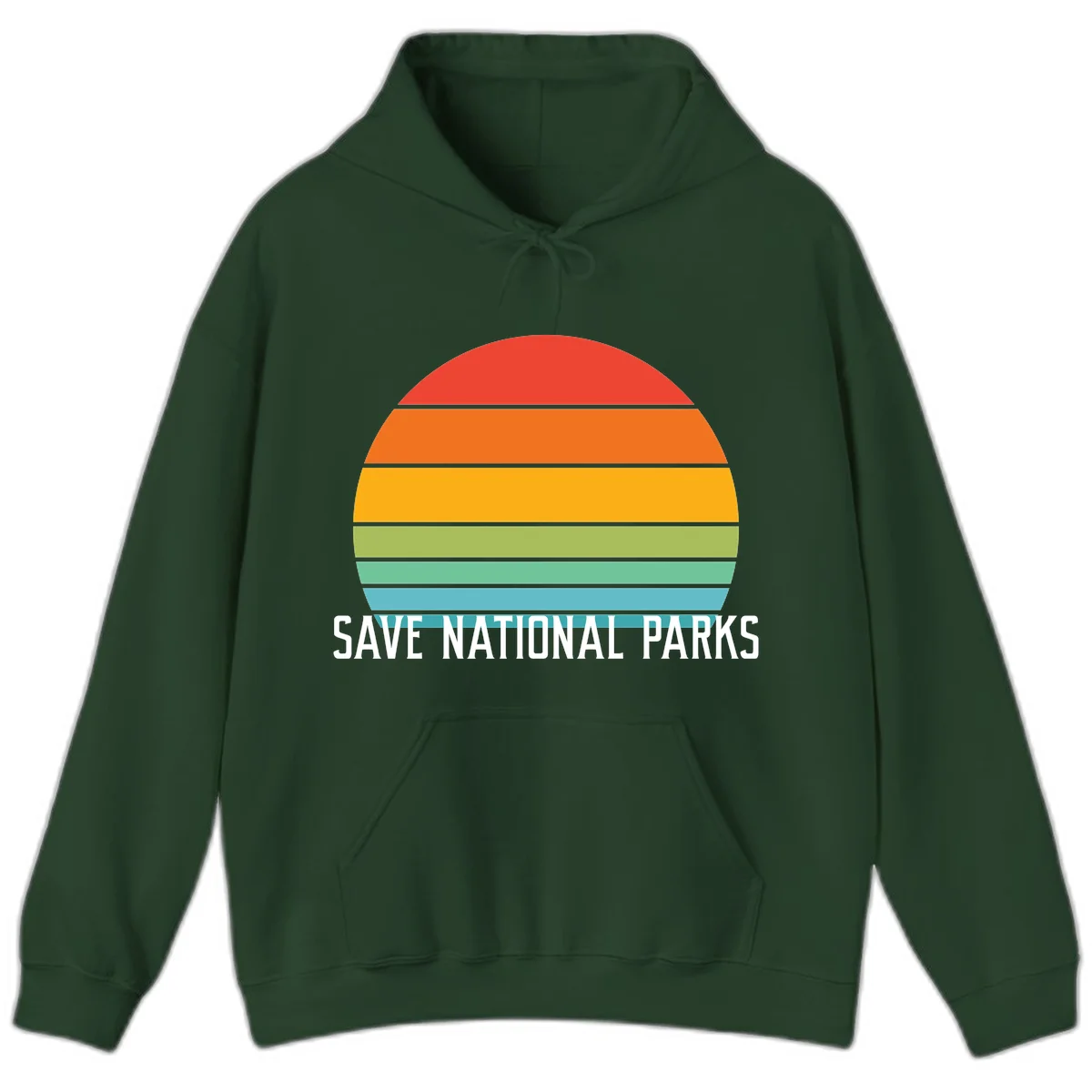 Retro layered sunset design with save national parks text in white, featuring horizontal color bands in red, orange, yellow, green, and blue. in Forest Green