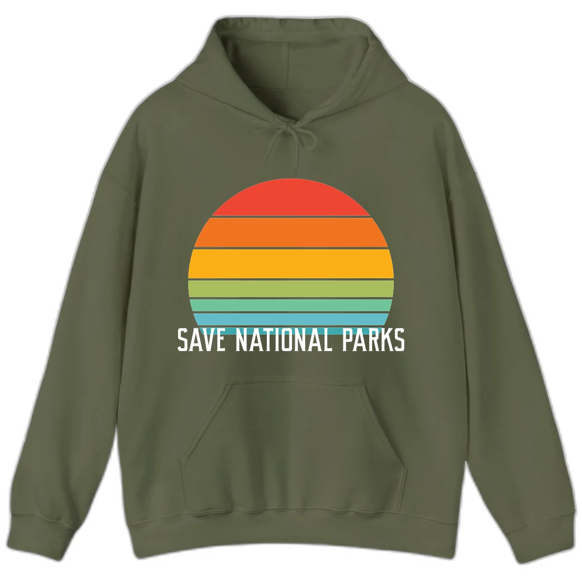 Retro layered sunset design with save national parks text in white, featuring horizontal color bands in red, orange, yellow, green, and blue. in Military Green