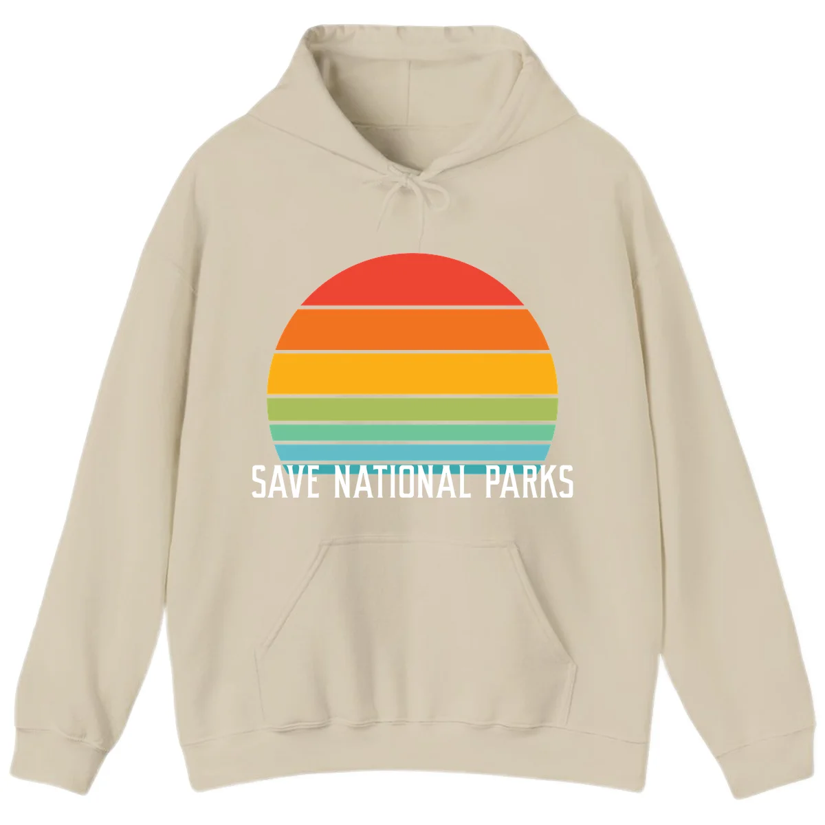 Retro layered sunset design with save national parks text in white, featuring horizontal color bands in red, orange, yellow, green, and blue. in Sand