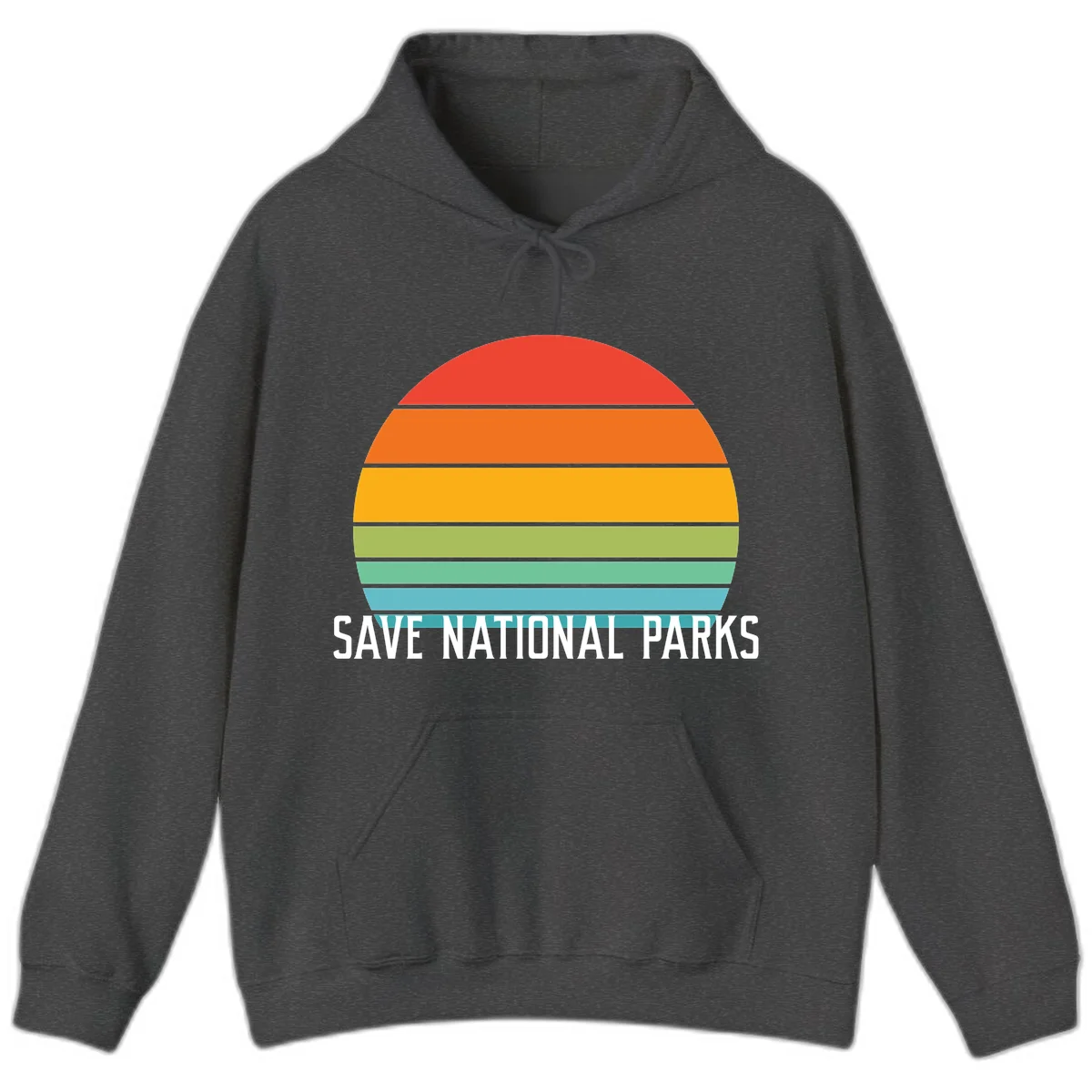 Retro layered sunset design with save national parks text in white, featuring horizontal color bands in red, orange, yellow, green, and blue. in Dark Heather