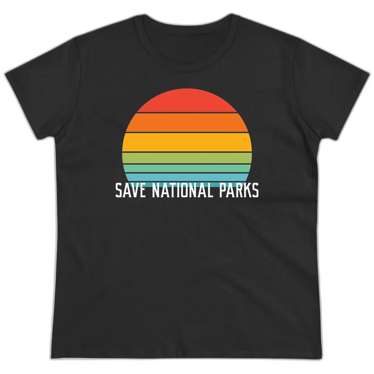 Retro layered sunset design with save national parks text in white, featuring horizontal color bands in red, orange, yellow, green, and blue. in Black
