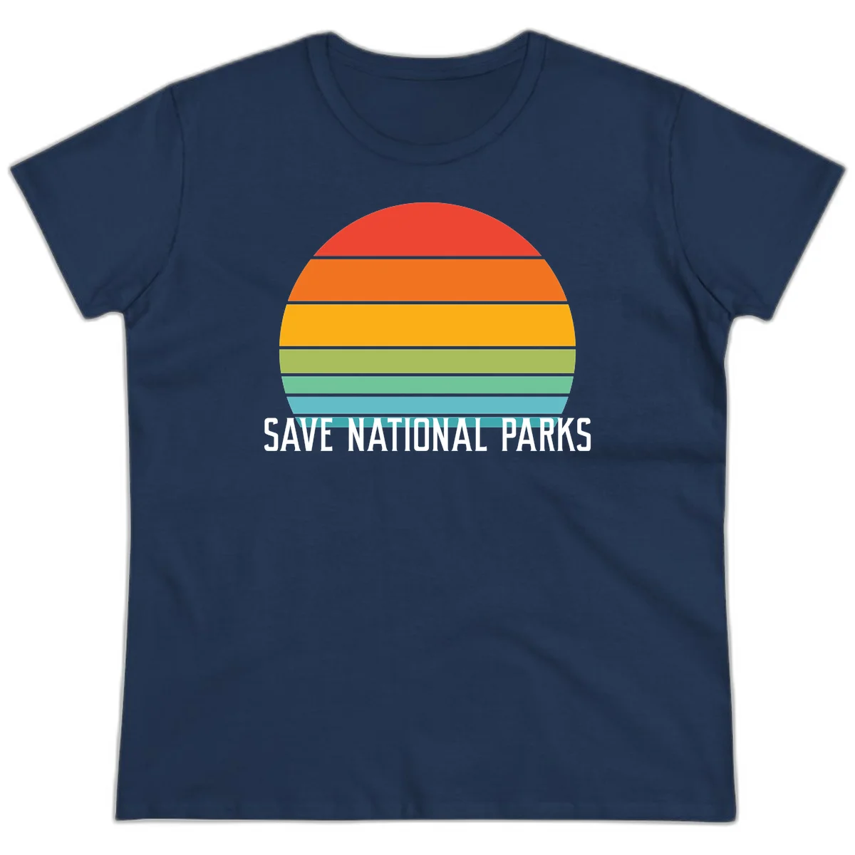 Retro layered sunset design with save national parks text in white, featuring horizontal color bands in red, orange, yellow, green, and blue. in Navy