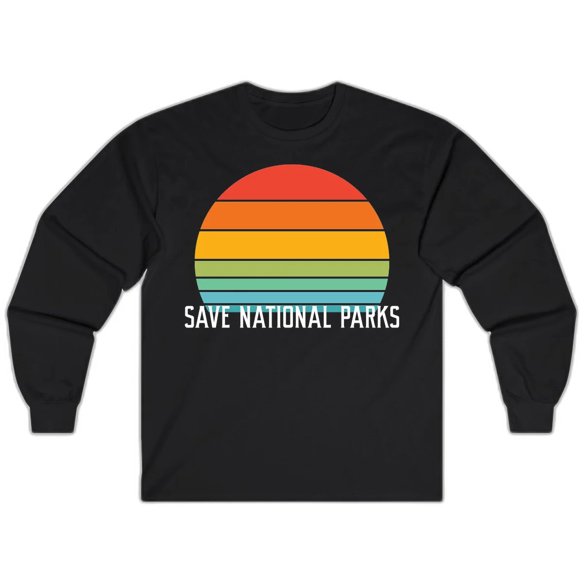 Retro layered sunset design with save national parks text in white, featuring horizontal color bands in red, orange, yellow, green, and blue. in Black