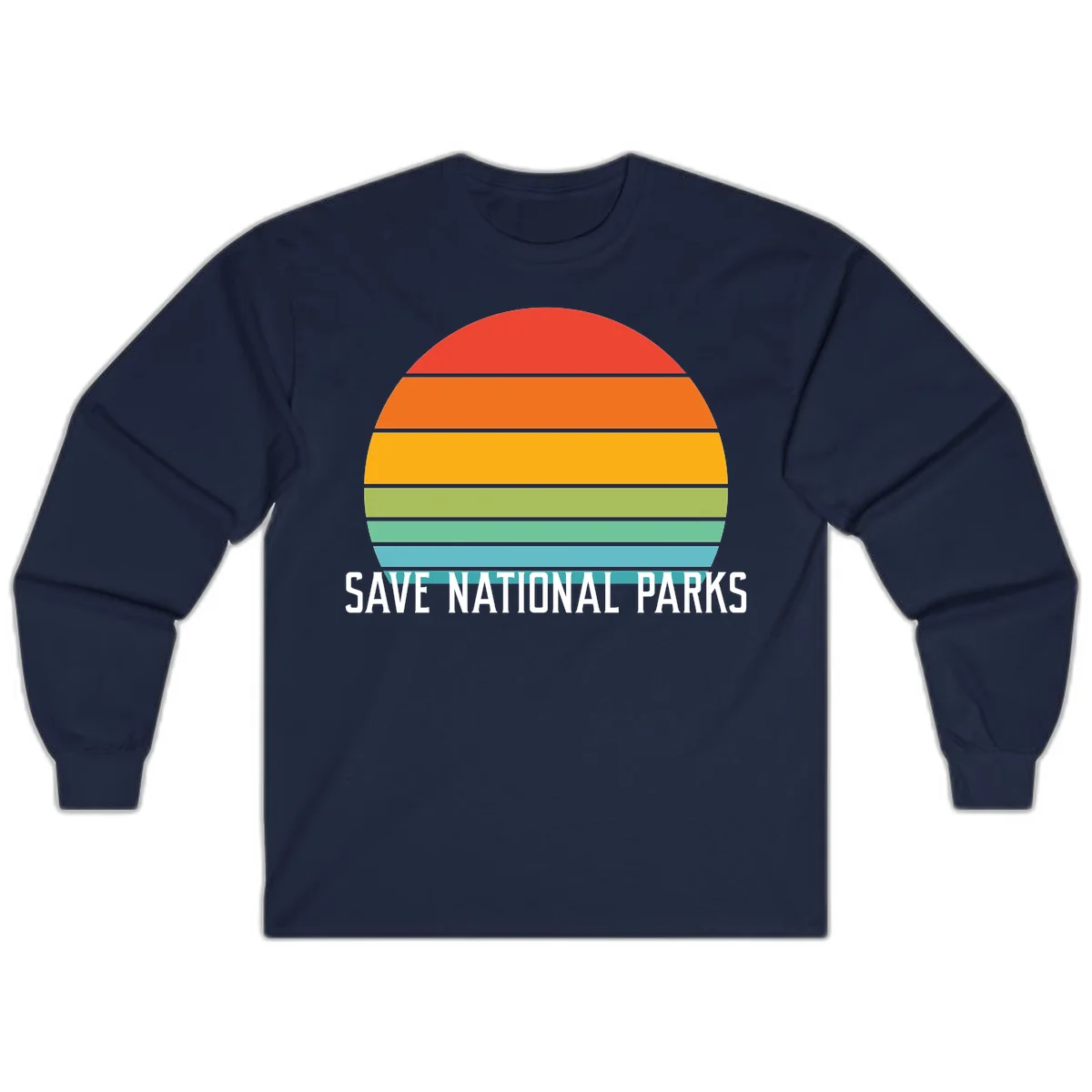 Retro layered sunset design with save national parks text in white, featuring horizontal color bands in red, orange, yellow, green, and blue. in Navy