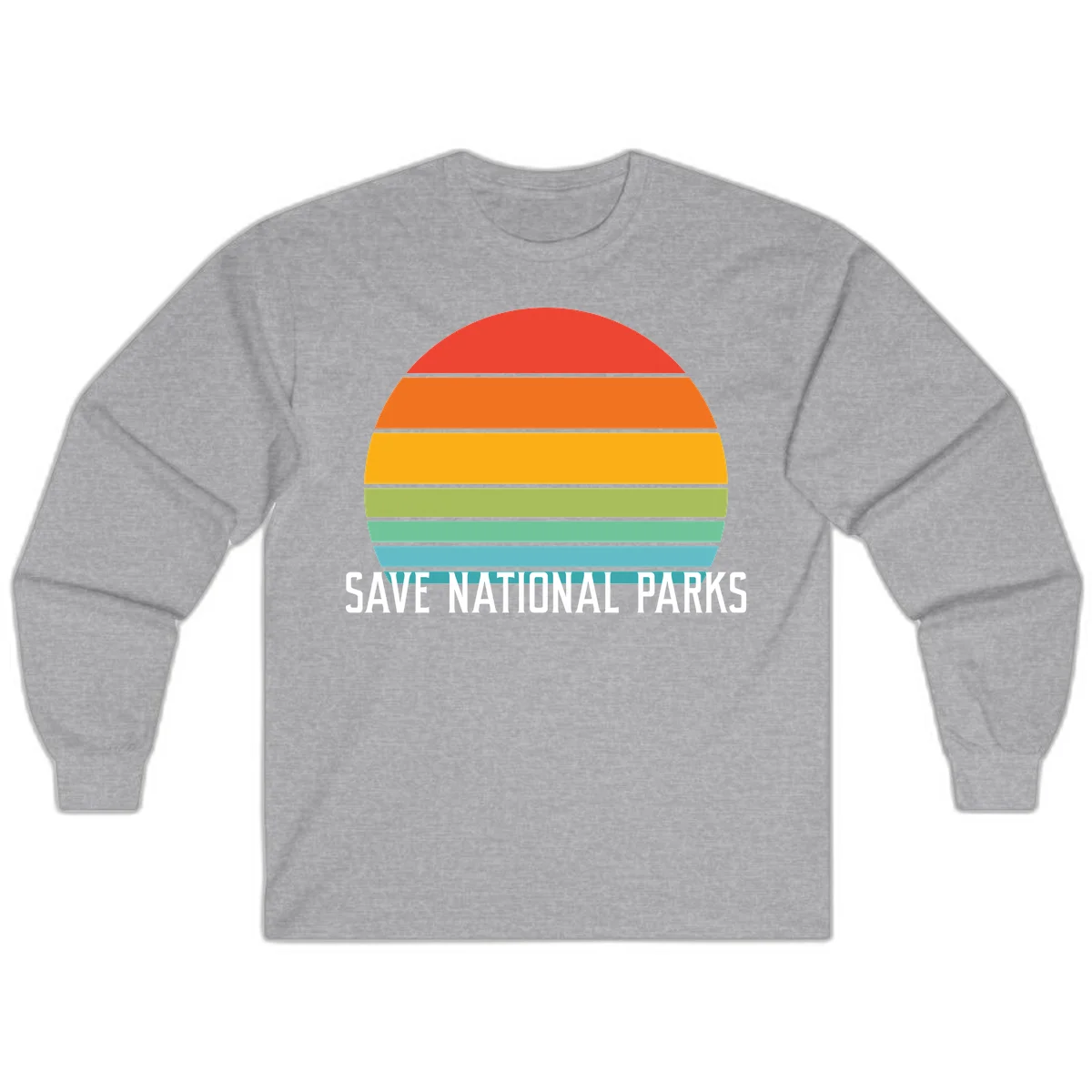 Retro layered sunset design with save national parks text in white, featuring horizontal color bands in red, orange, yellow, green, and blue. in Sport Grey