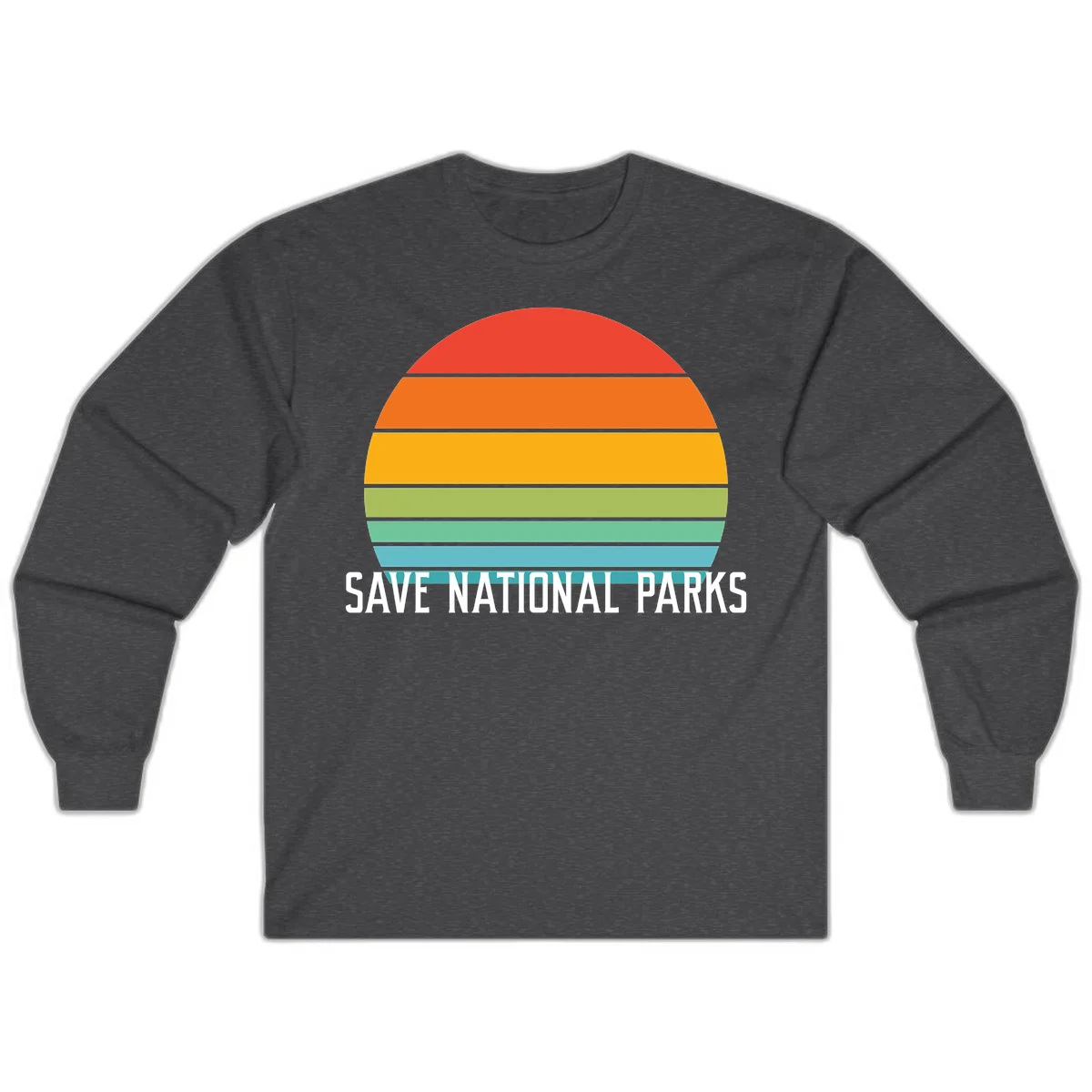 Retro layered sunset design with save national parks text in white, featuring horizontal color bands in red, orange, yellow, green, and blue. in Dark Heather