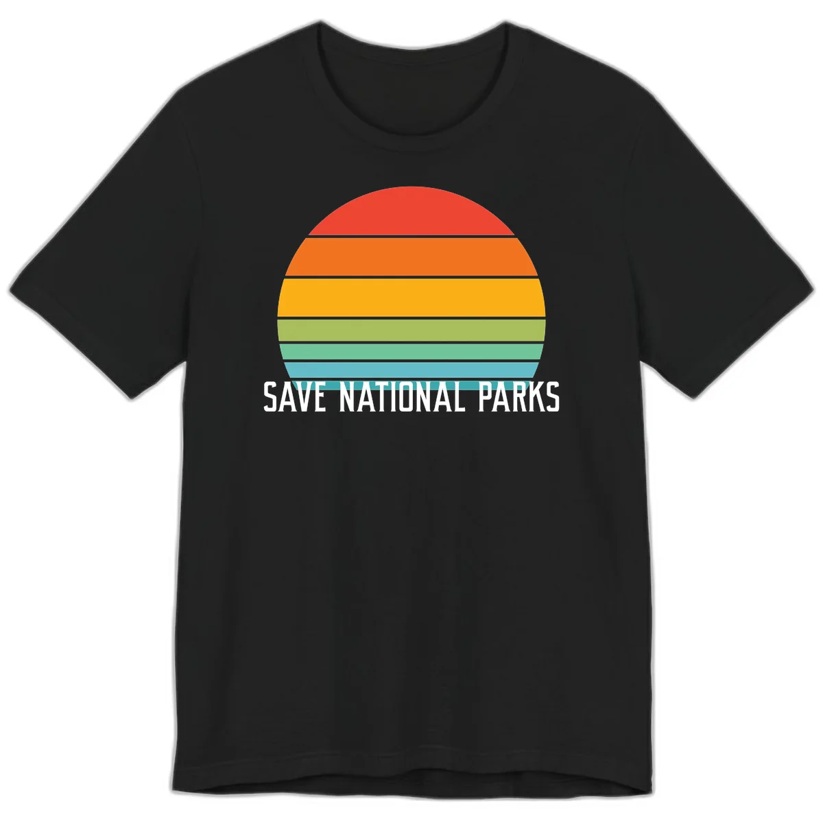 Retro layered sunset design with save national parks text in white, featuring horizontal color bands in red, orange, yellow, green, and blue. in Black