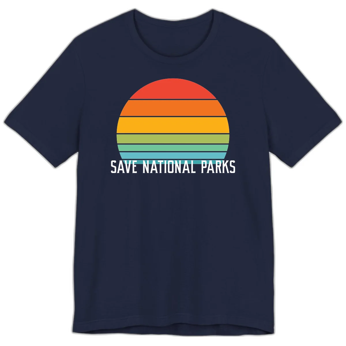 Retro layered sunset design with save national parks text in white, featuring horizontal color bands in red, orange, yellow, green, and blue. in Navy