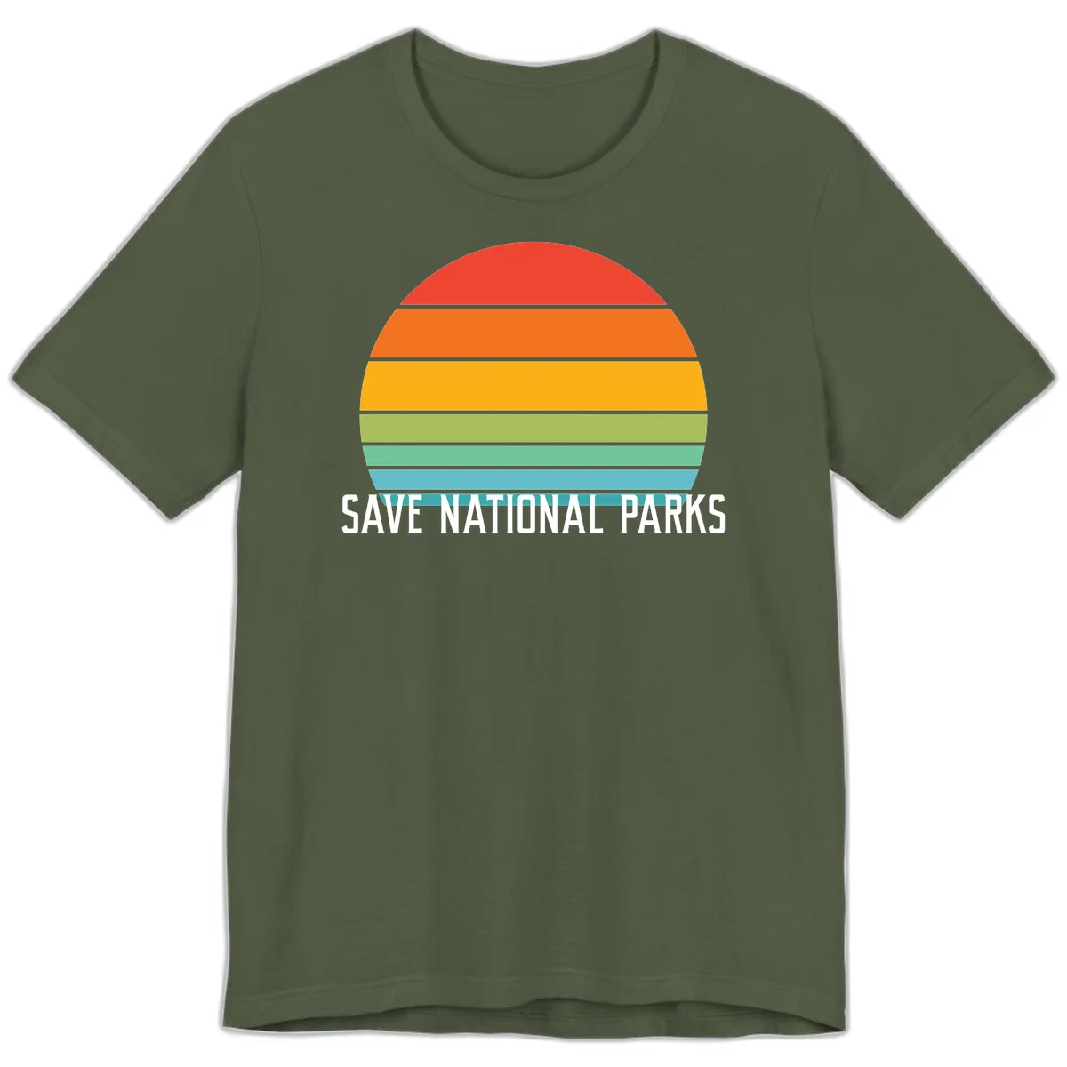 Retro layered sunset design with save national parks text in white, featuring horizontal color bands in red, orange, yellow, green, and blue. in Military Green